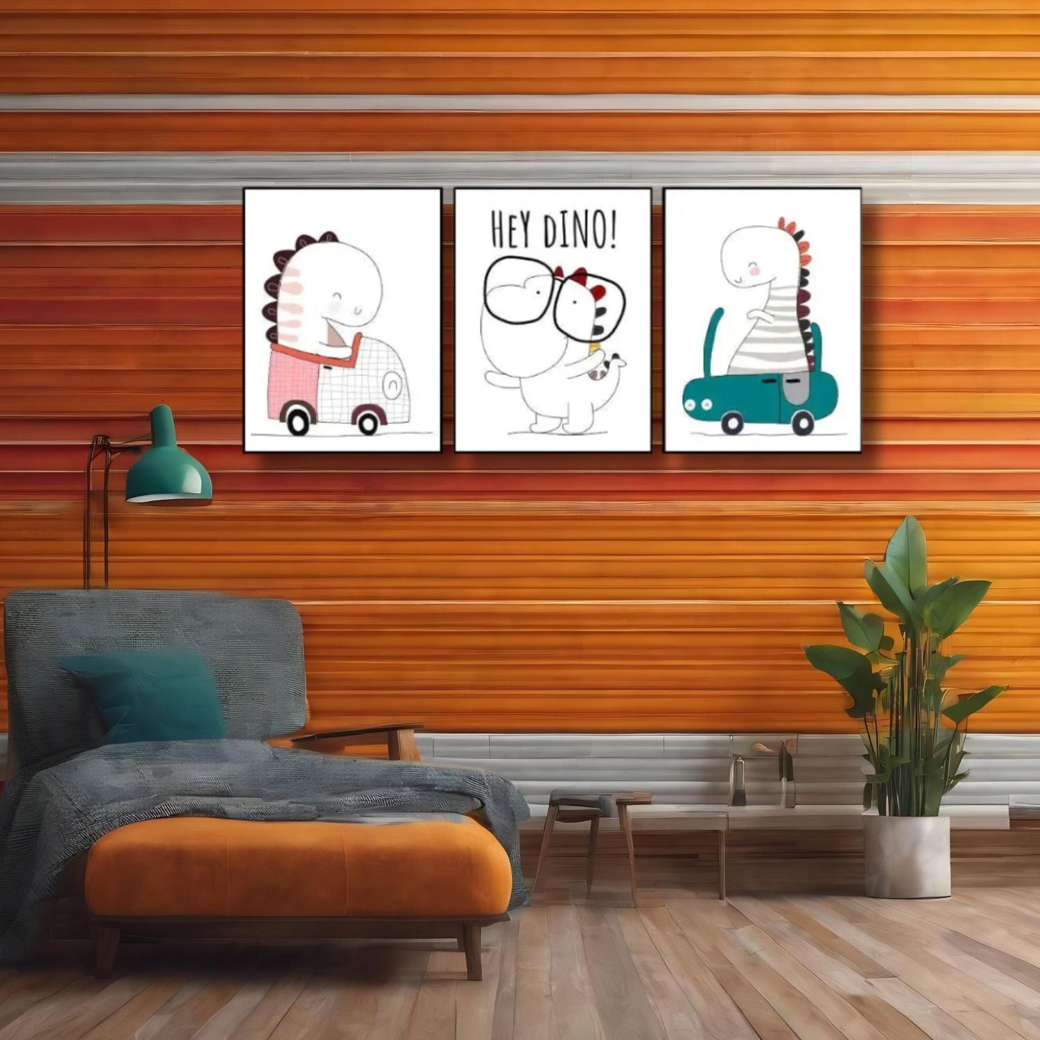 Cute Baby Dinosaur Nursery Wall Art - Set of 3 Framed Prints For Kids Room