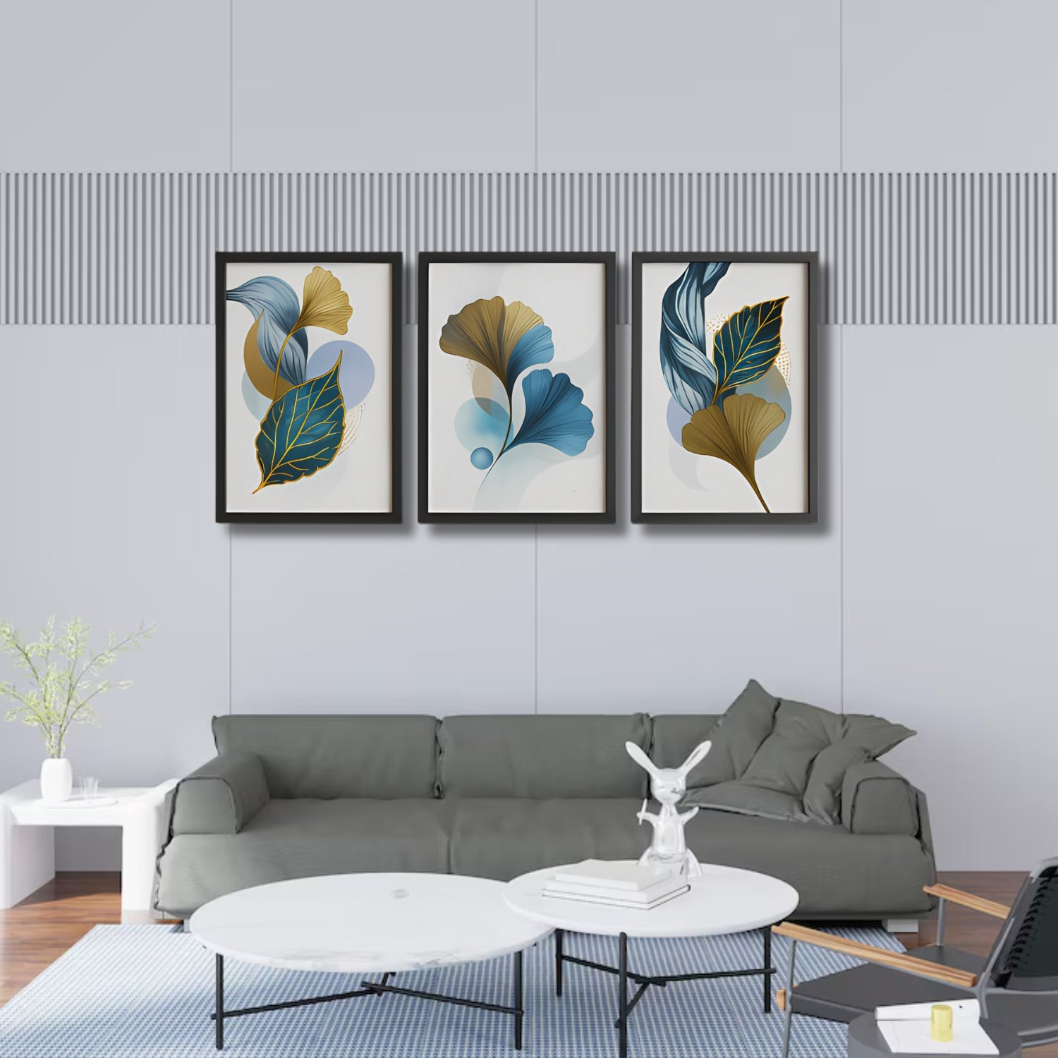 Modern Blue and Gold Abstract Leaf Canvas Wall Art Set