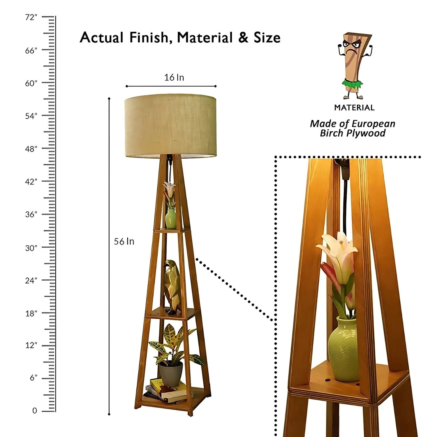 Wooden Floor Lamp With Shelves - Elegant Lighting For Living Room & Bedroom