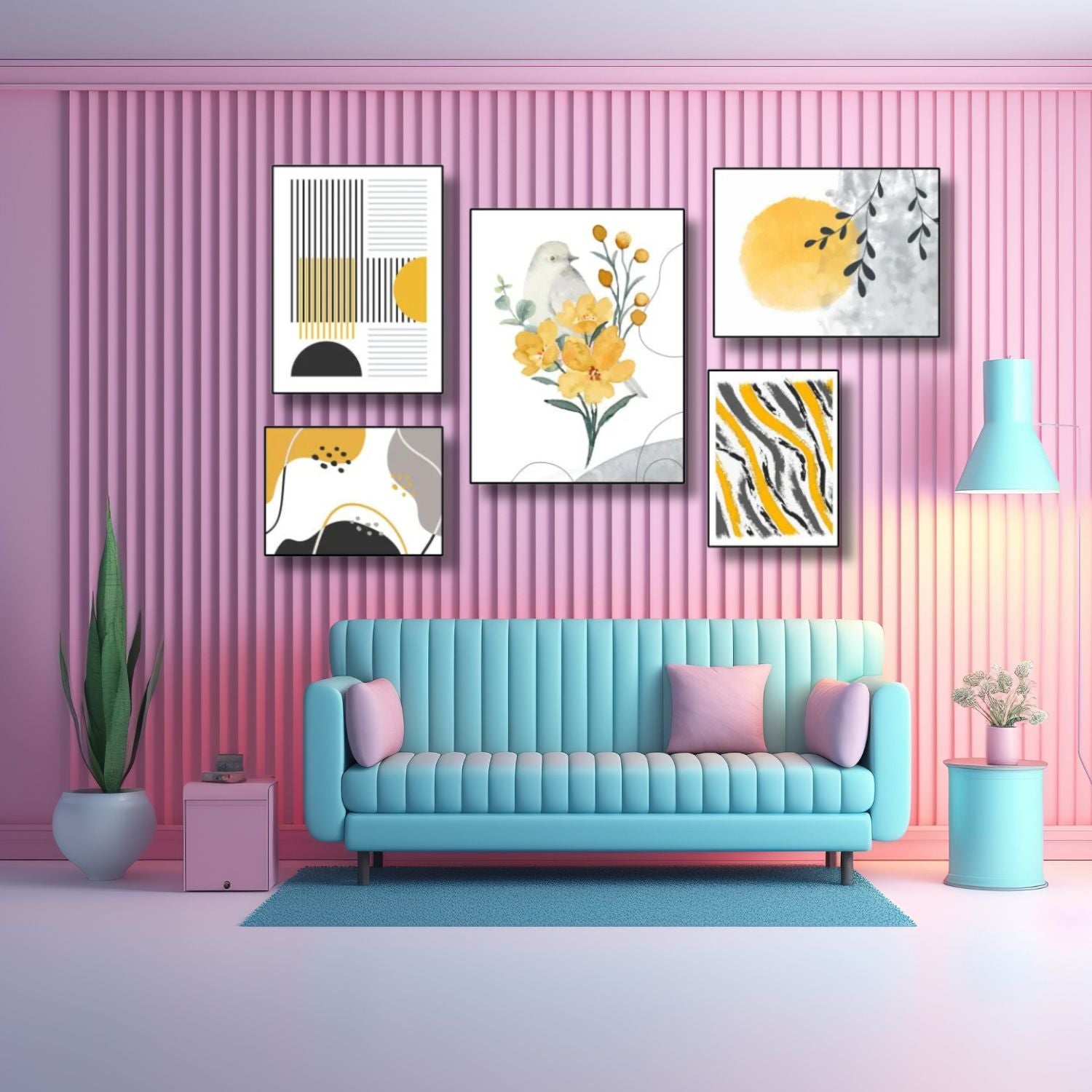 Modern Nature Inspired Abstract Wall Art Set With Bird and Flowers