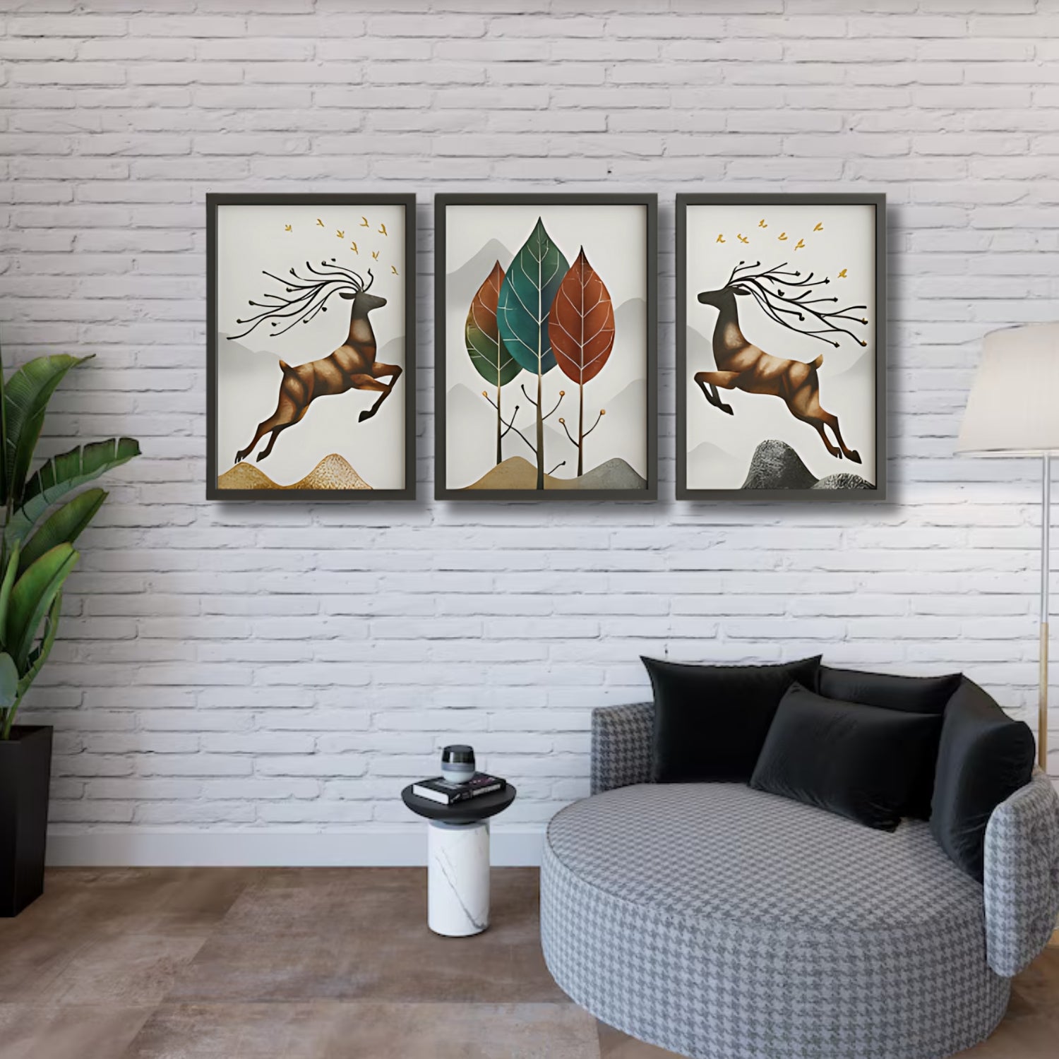 Elegant Nordic Style Deer and Leaf Canvas Wall Art Set