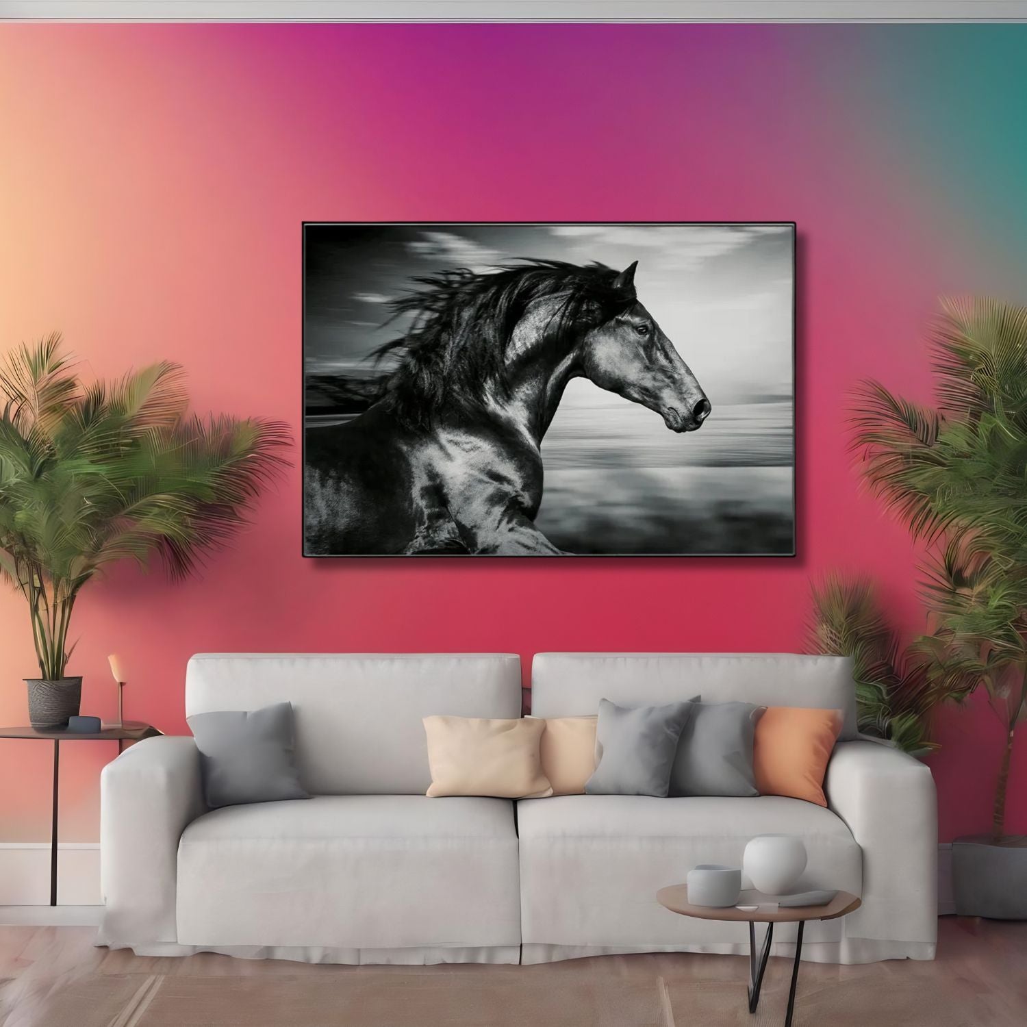 Black Stallion Running Wall Art With Bold Monochrome Canvas Print