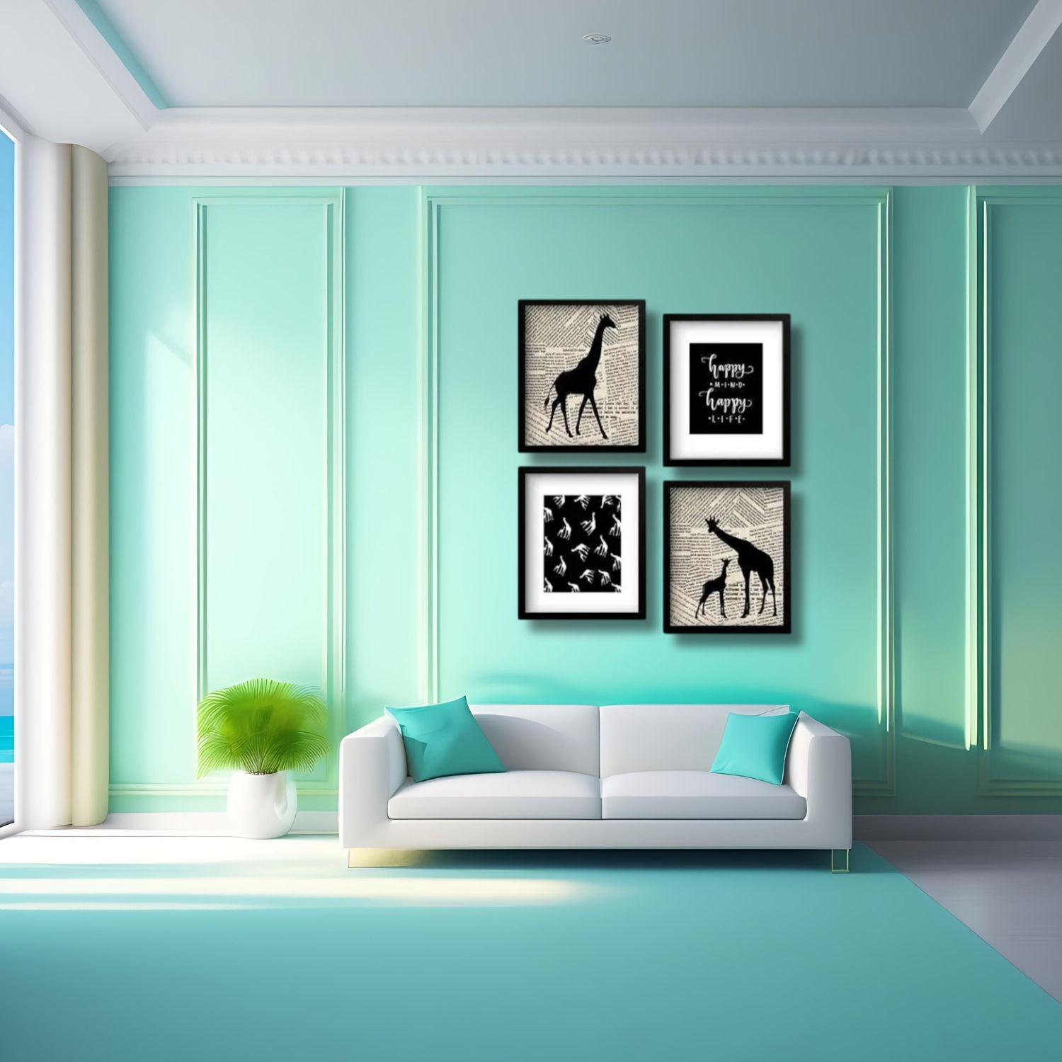 Inspirational Giraffe Silhouette Wall Art Set Featuring Happy Mind & Happy Life