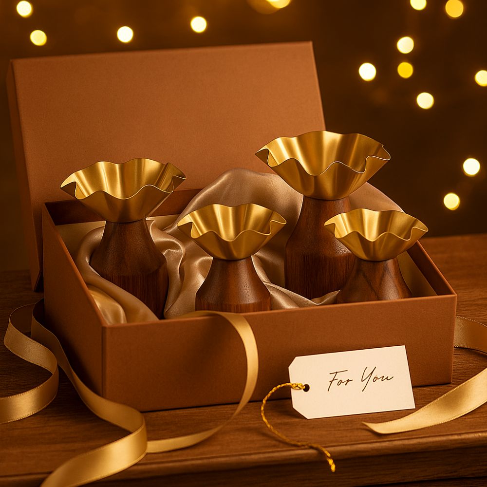 Rustic Charm Wooden Tealight Holders in Diwali Gift Box - Set of 4