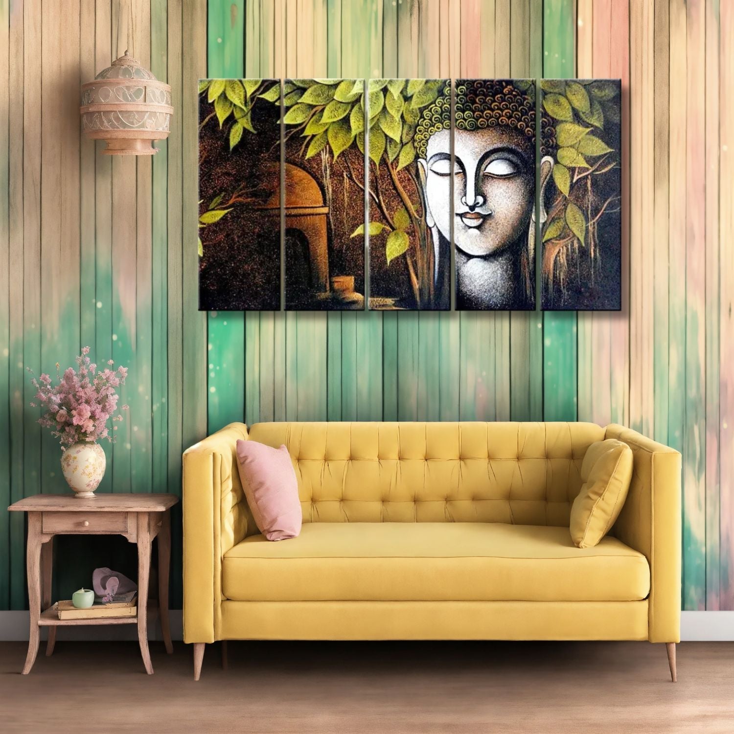 Gautam Buddha Serenity Under Tree 5-Panel Canvas Wall Art