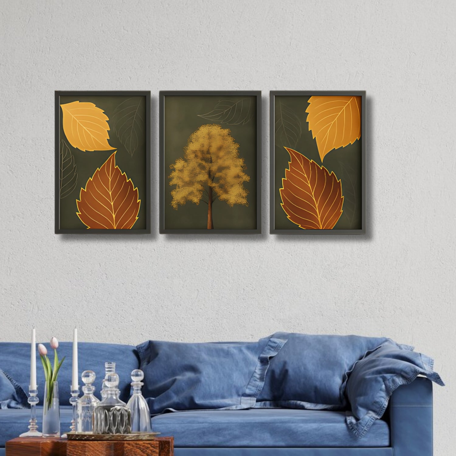 Autumn Golden Leaf Wall Art Set - 3 Framed Botanical Nature Prints