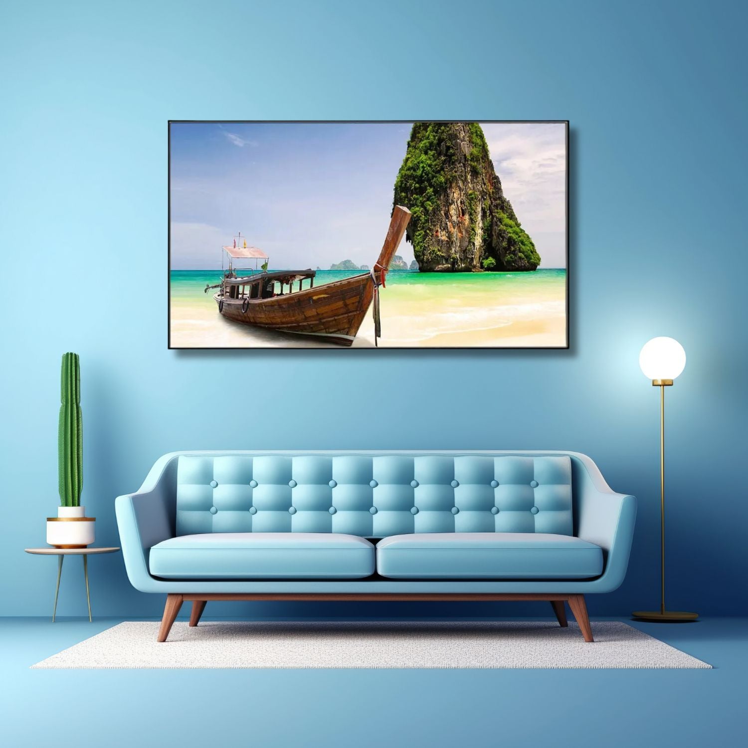 Tropical Beach Canvas Art With Wooden Boat and Island View