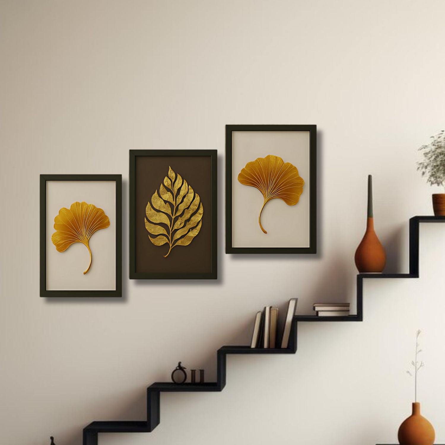 Luxury Gold Leaf Wall Art Set - 3 Framed Metallic Botanical Prints