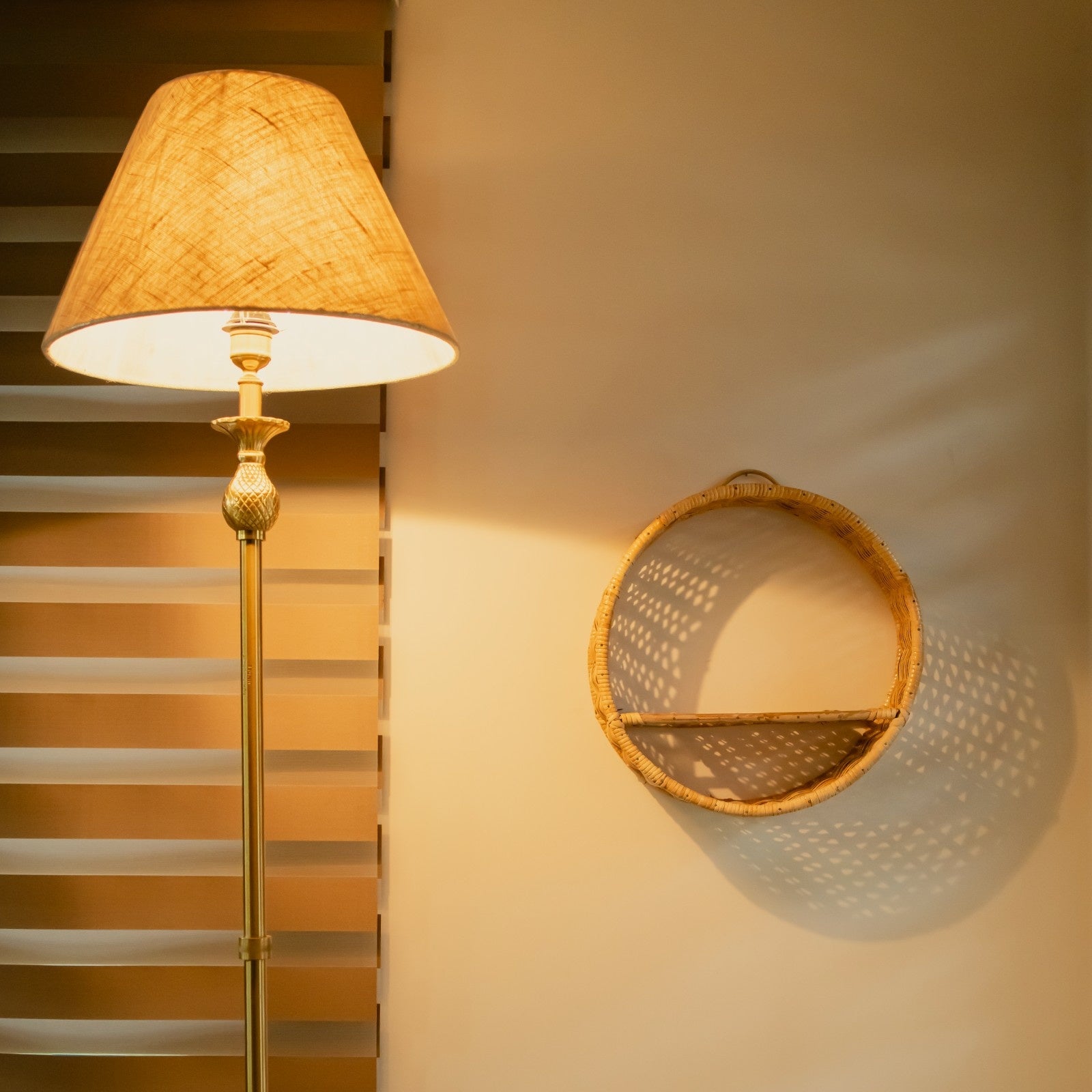 Handcrafted Round Rattan Wall Hanging Shelf with Wooden Divider