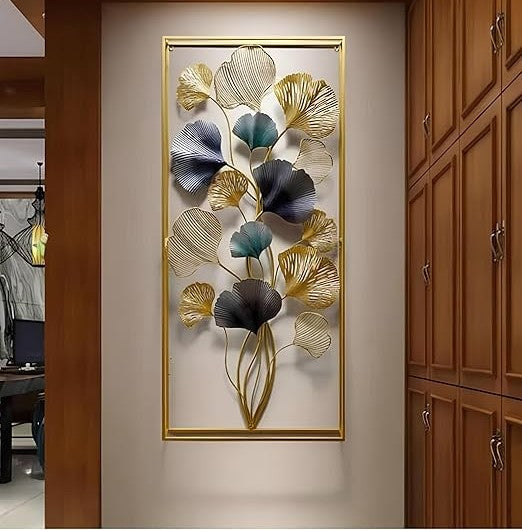 Luxury 3D Metal Wall Art – Gold & Blue Ginkgo Leaves