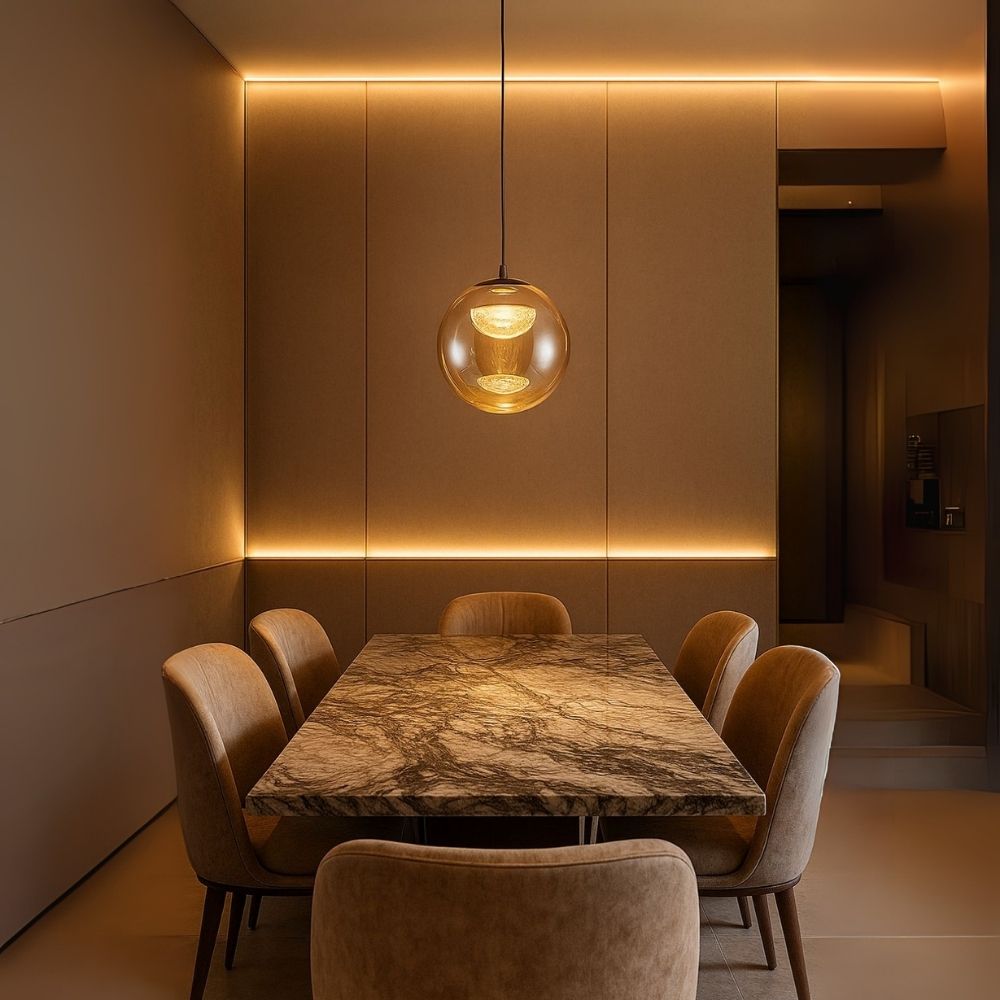 Modern Smoke Grey & Amber Glass Pendant Light - Pearl Black & French Gold LED Lamp