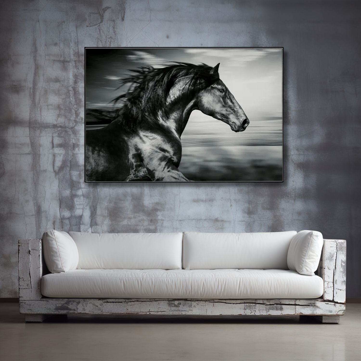 Black Stallion Running Wall Art With Bold Monochrome Canvas Print