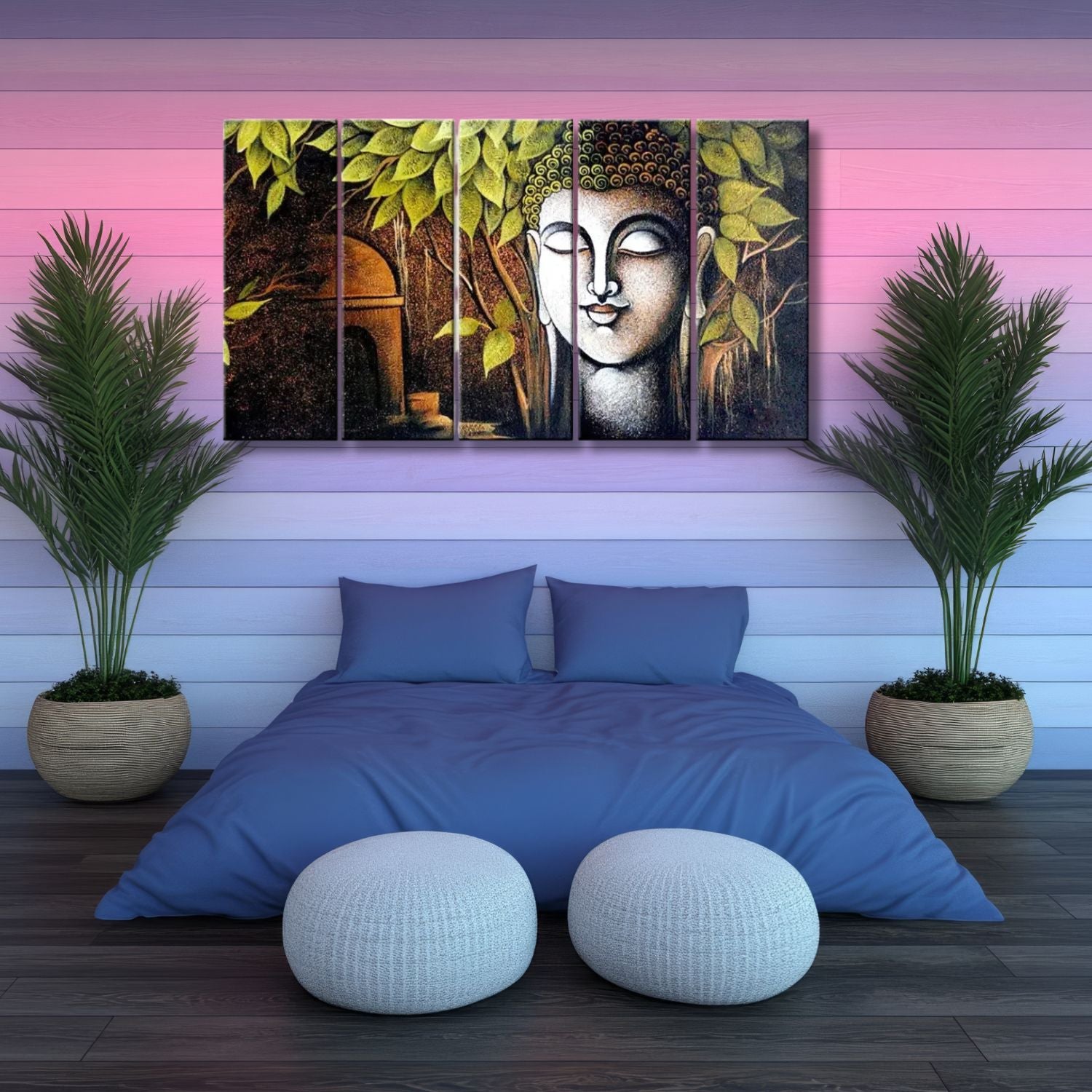 Gautam Buddha Serenity Under Tree 5-Panel Canvas Wall Art