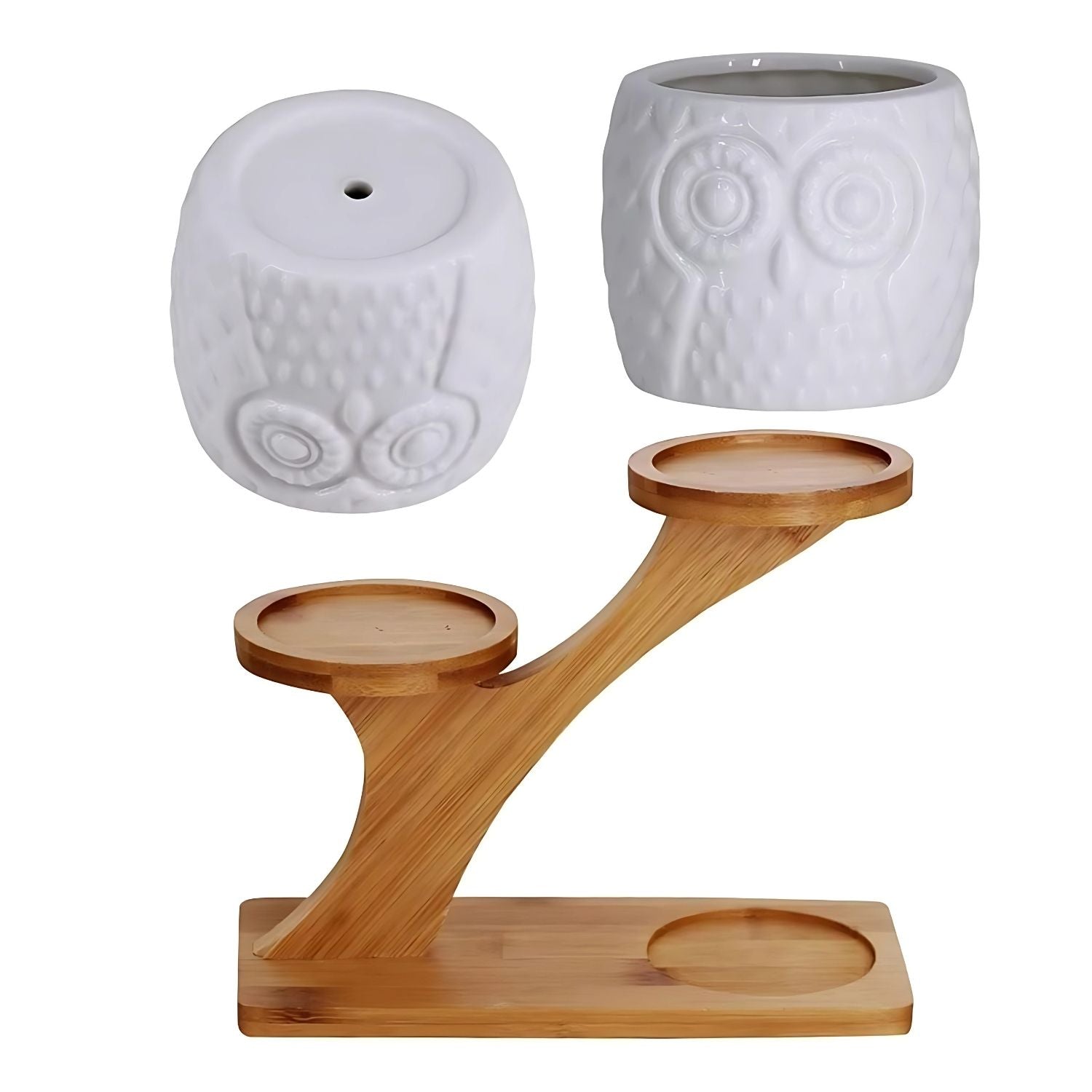 Elegant Multi-Tier Bamboo Plant Stand With 3 Ceramic Owl Planters