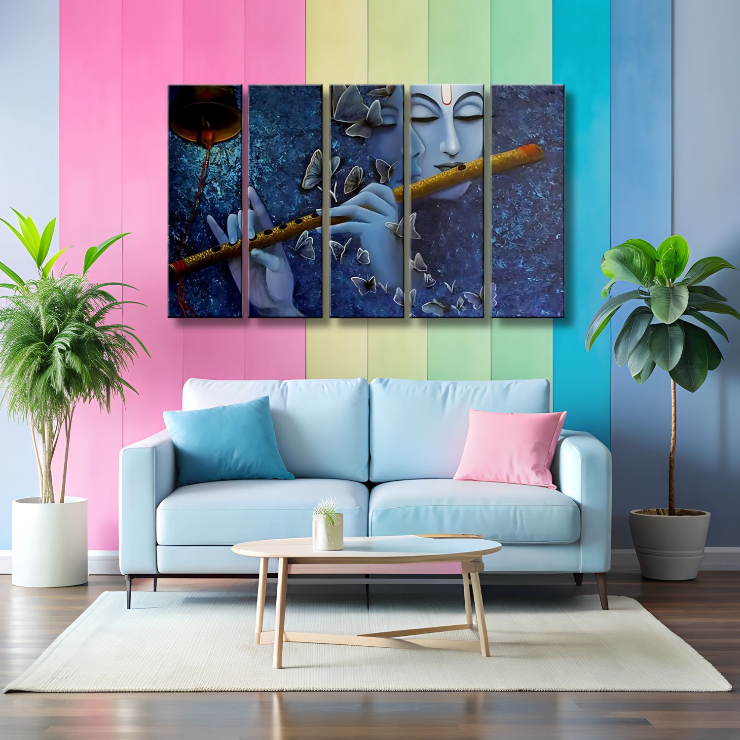 Lord Krishna Flute Playing Canvas Painting With Butterfly Design