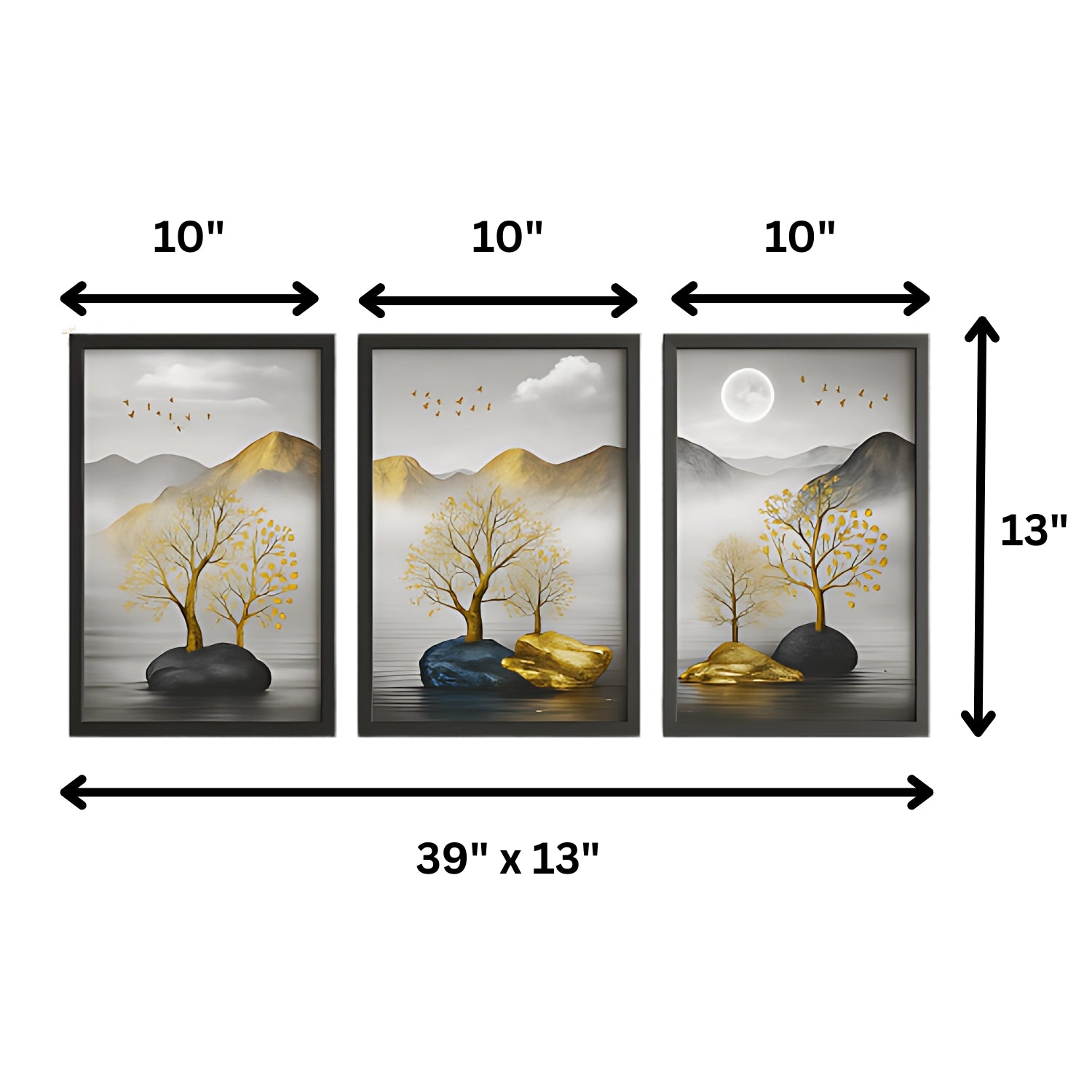 Elegant Golden Tree Landscape Canvas Wall Art Set With Mountain View
