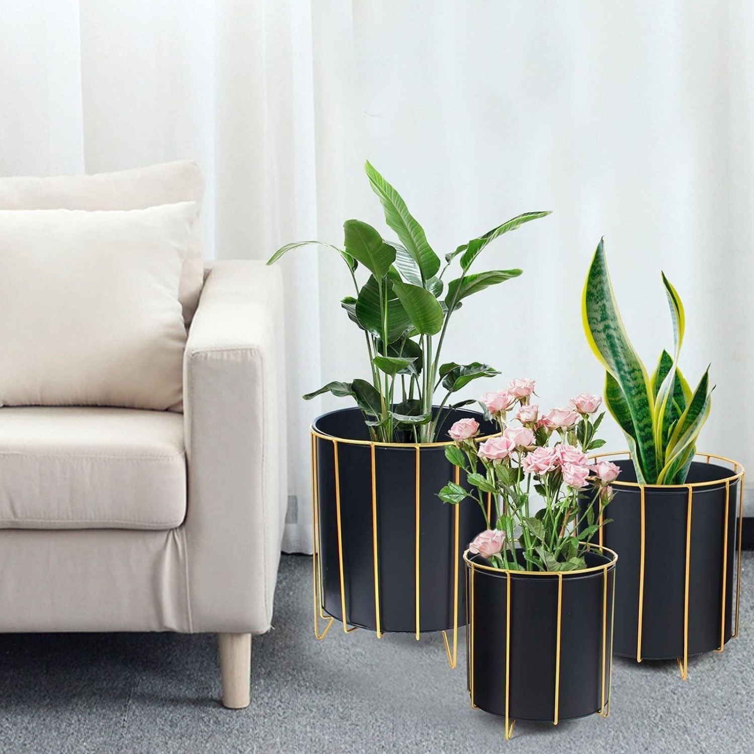 Modern Round Metal Plant Stand Set With Gold Frame - 3 Sizes