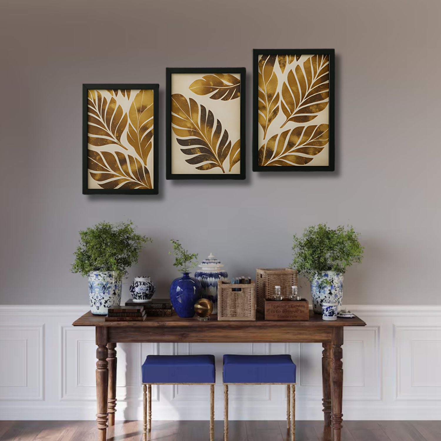 Abstract Golden Leaf Wall Art Set - 3 Framed Botanical Prints for Decor