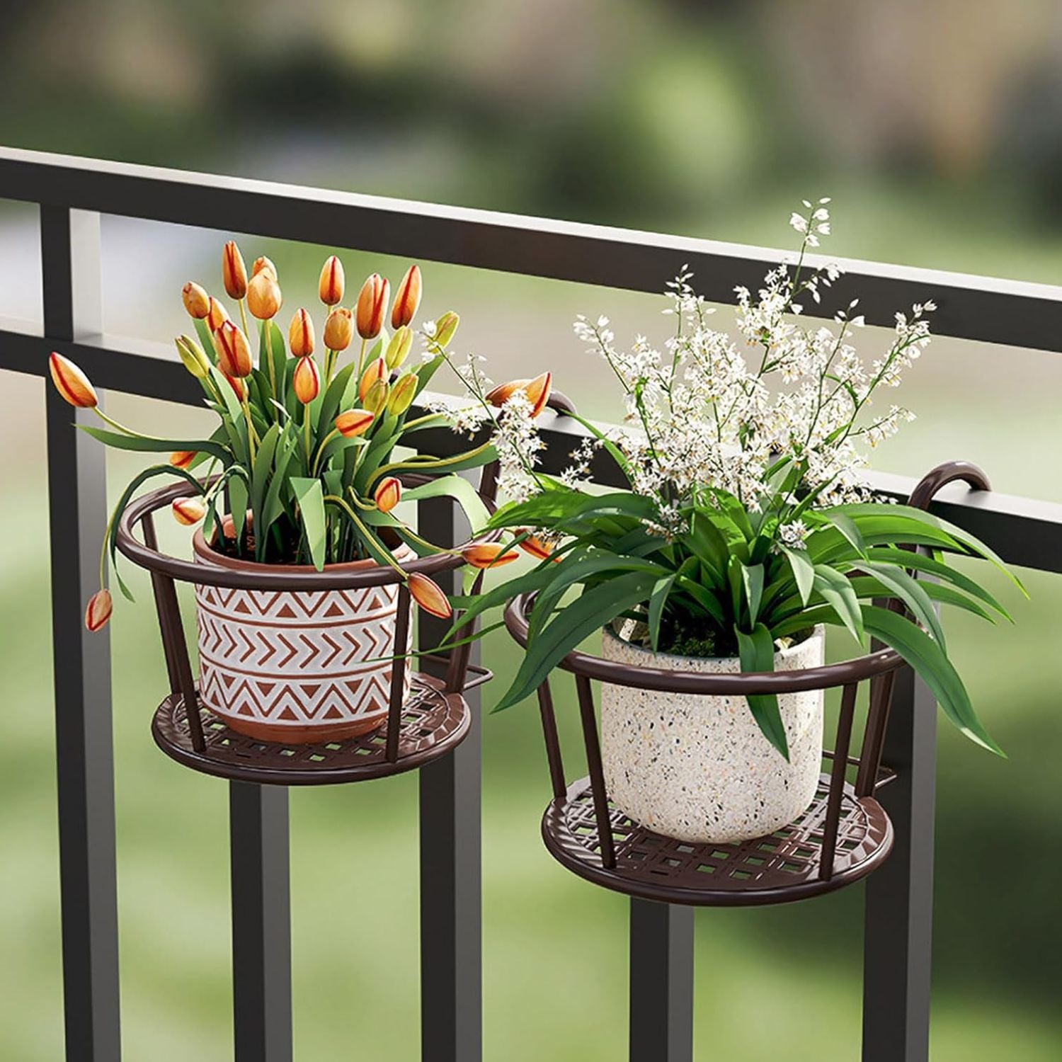 Handcrafted Metal Balcony Railing Plant Stand - Round Pot Holder for Outdoor Decor (Set of 3)