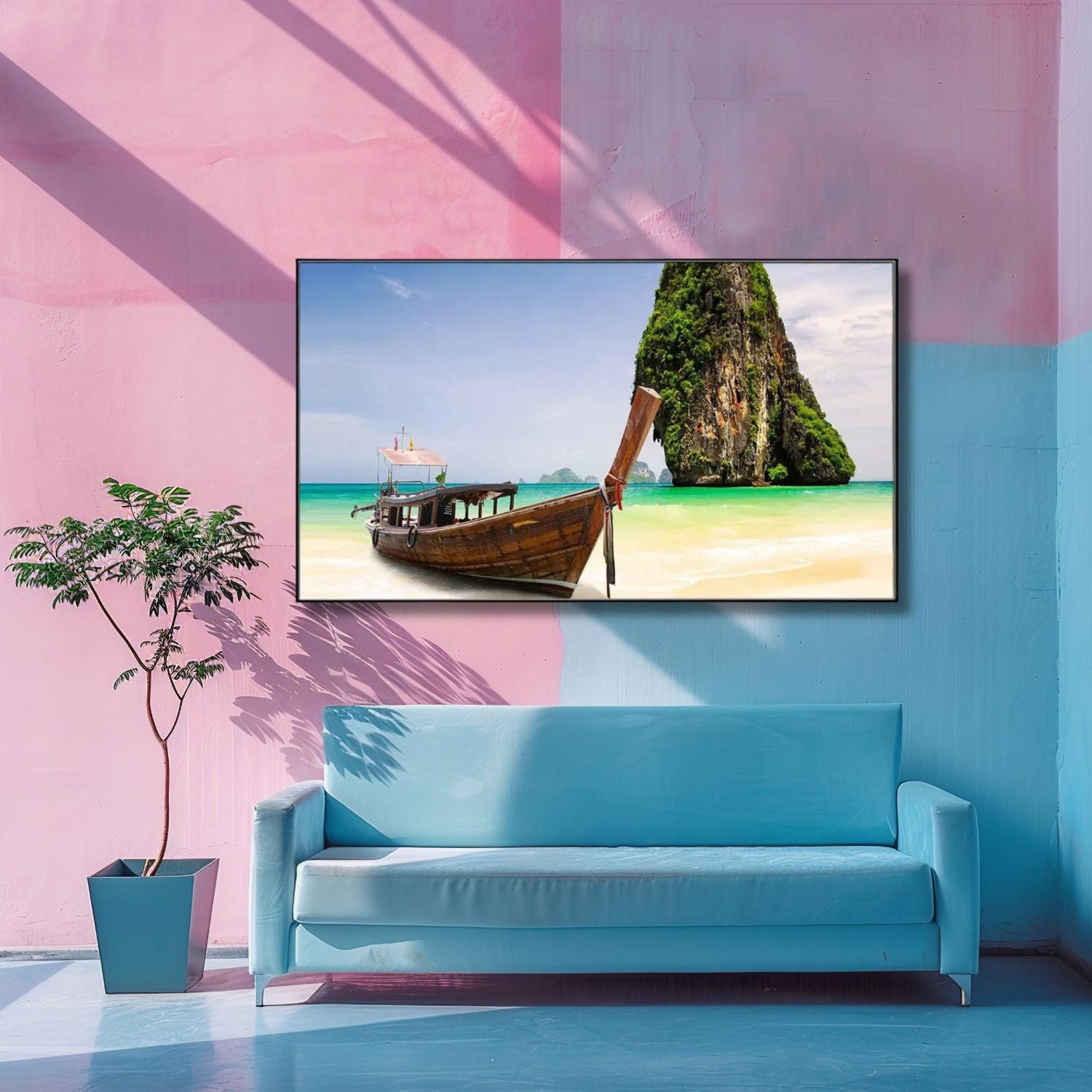 Tropical Beach Canvas Art With Wooden Boat and Island View