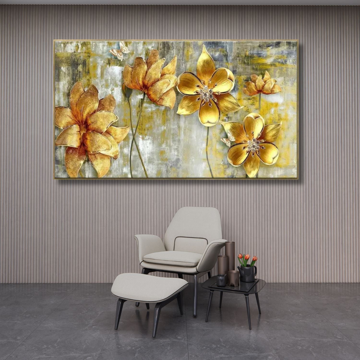 Elegant Golden Floral Canvas Wall Art With Abstract Charm