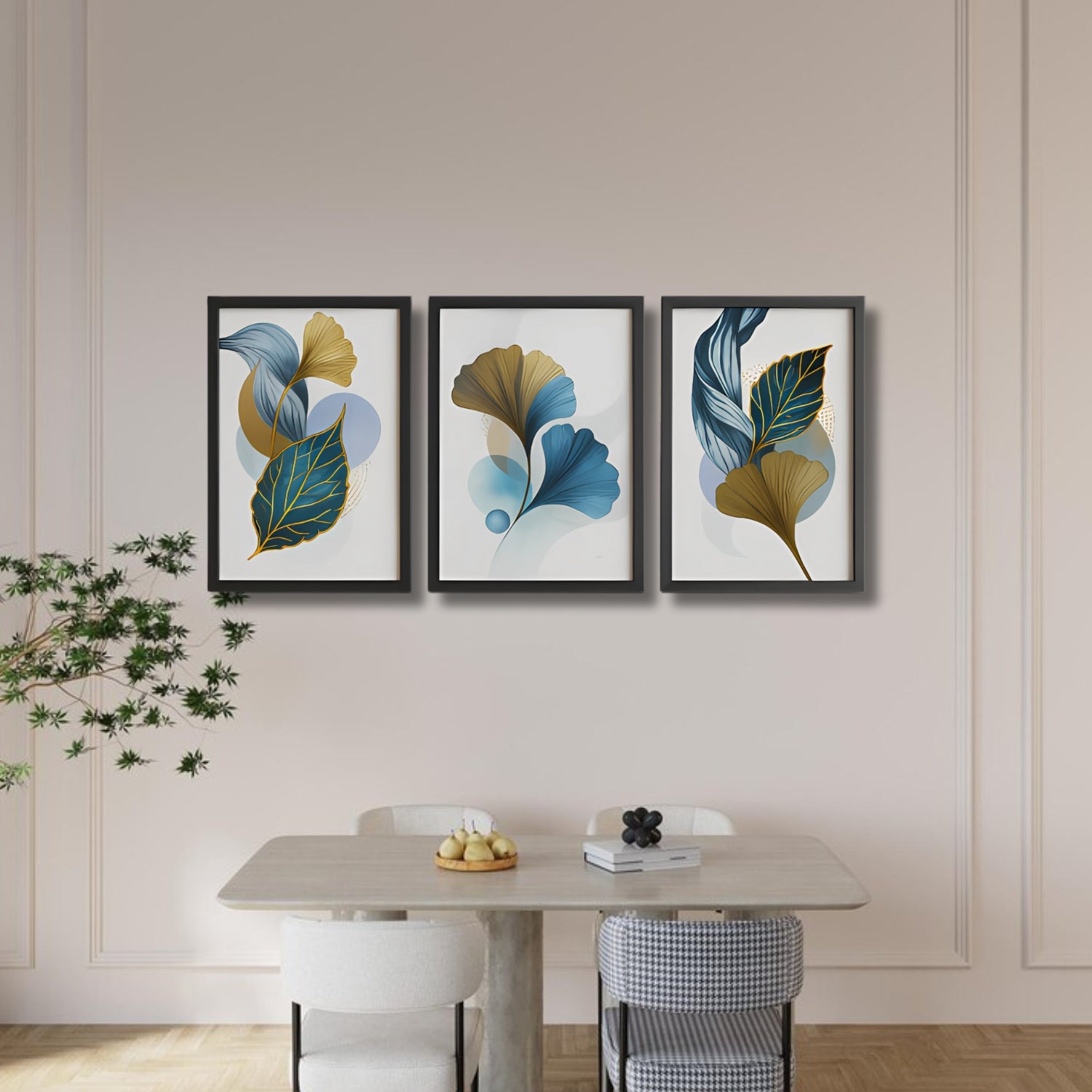 Modern Blue and Gold Abstract Leaf Canvas Wall Art Set
