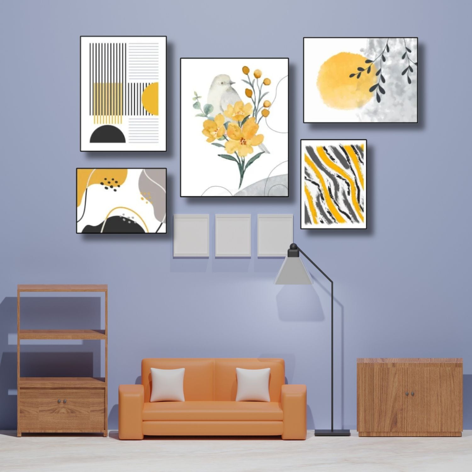 Modern Nature Inspired Abstract Wall Art Set With Bird and Flowers