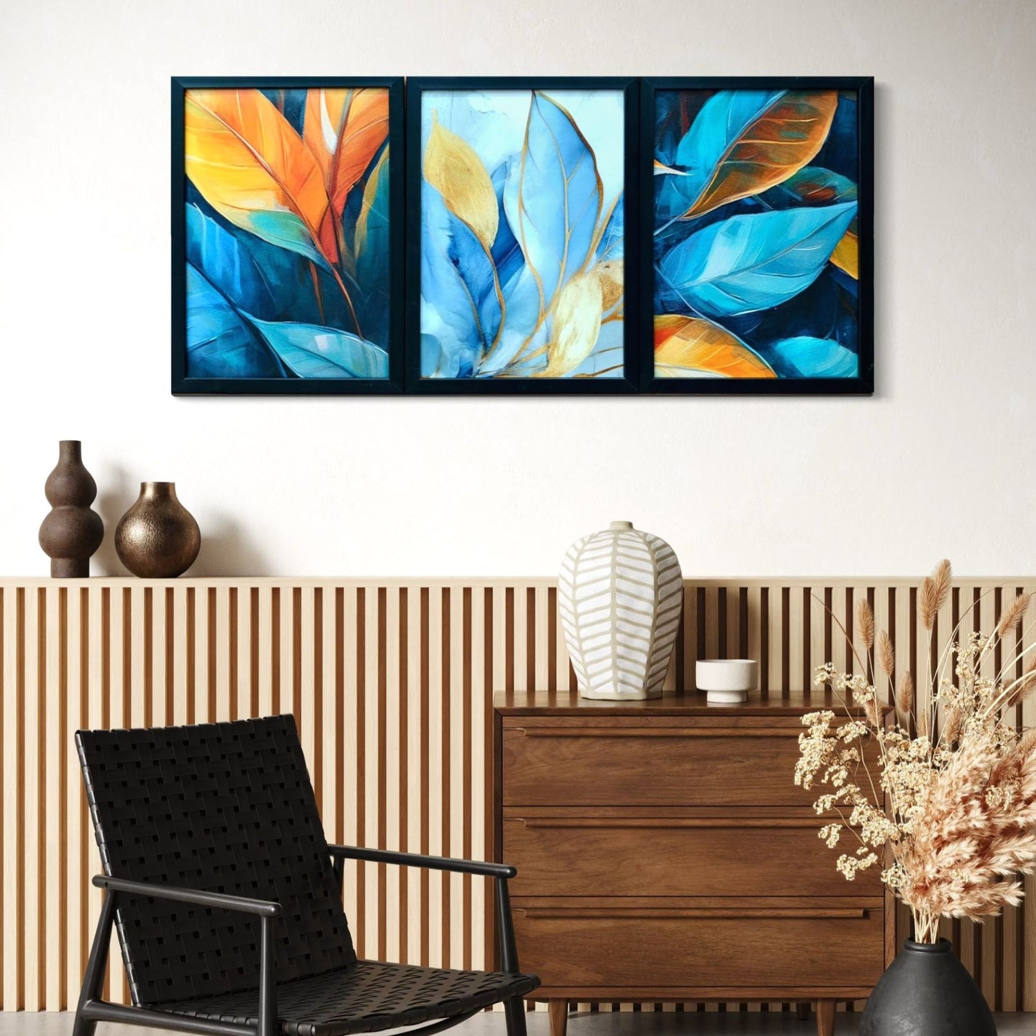 Modern Botanical Leaf Wall Art Set - 3 Framed Blue and Gold Prints
