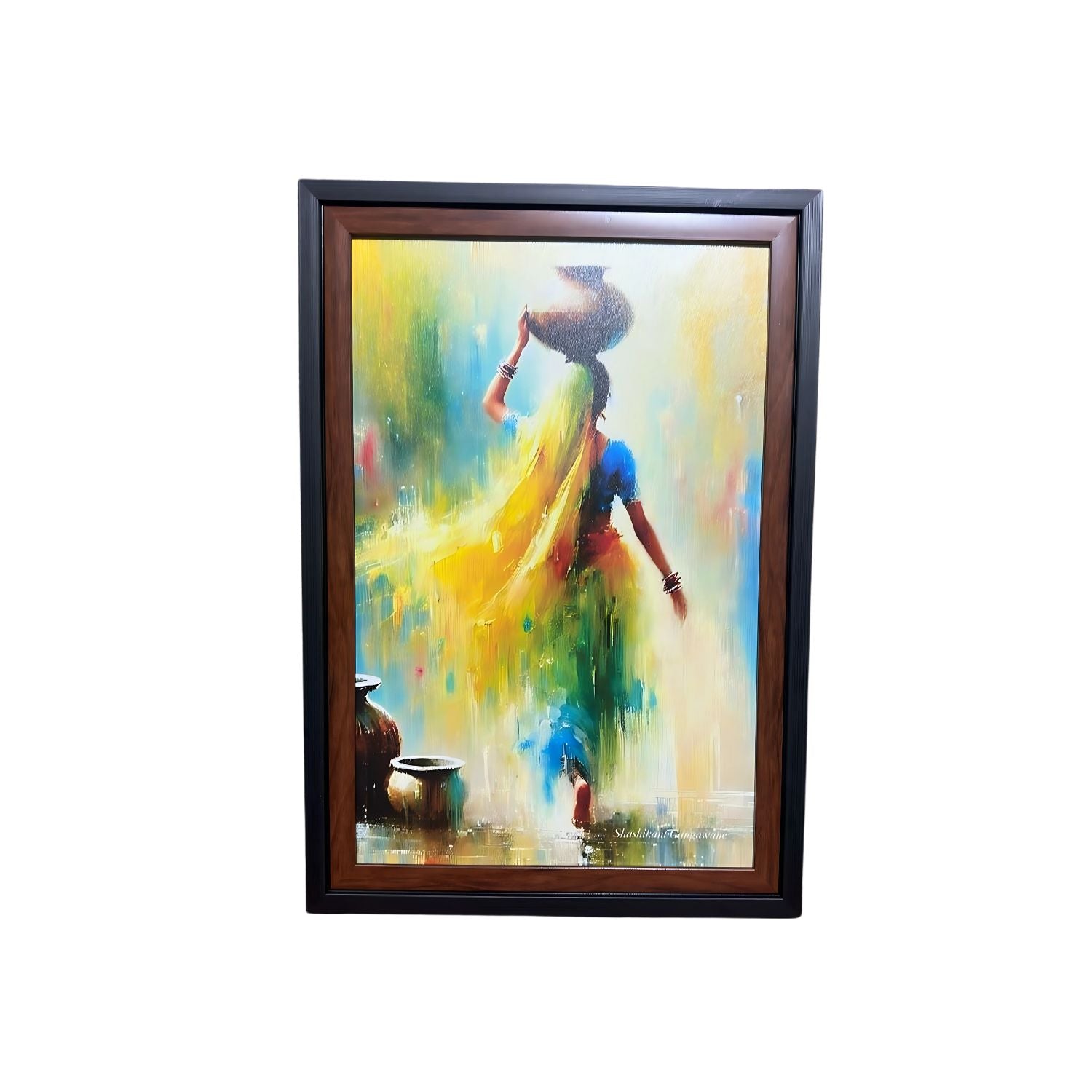 Graceful Indian Village Woman Painting With Pot - Framed Wall Art Decor