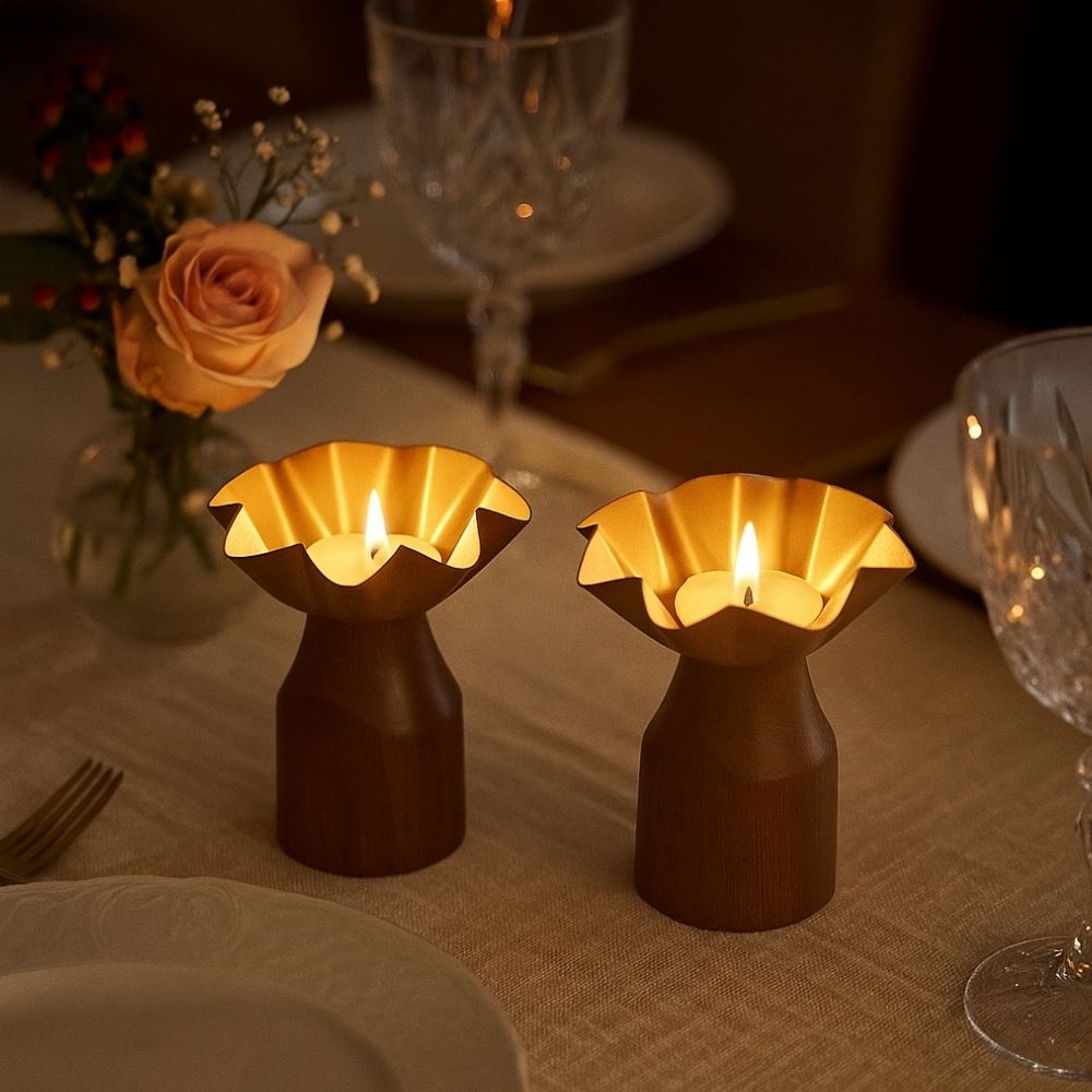 Rustic Bloom Wooden Tealight Holders With Golden Flower Design - Set of 2