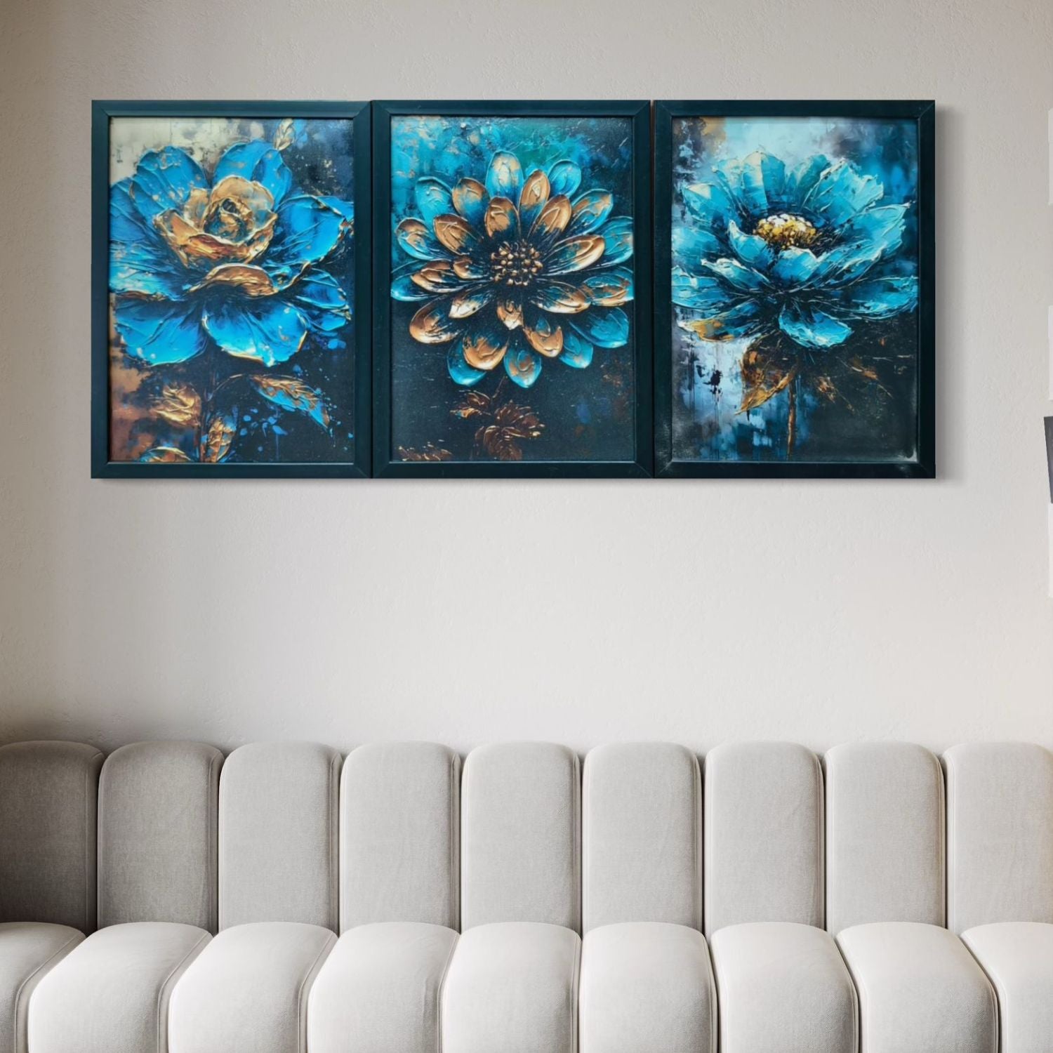 Beautiful Modern Bold Blue and Gold Floral Canvas Wall Art Set of 3