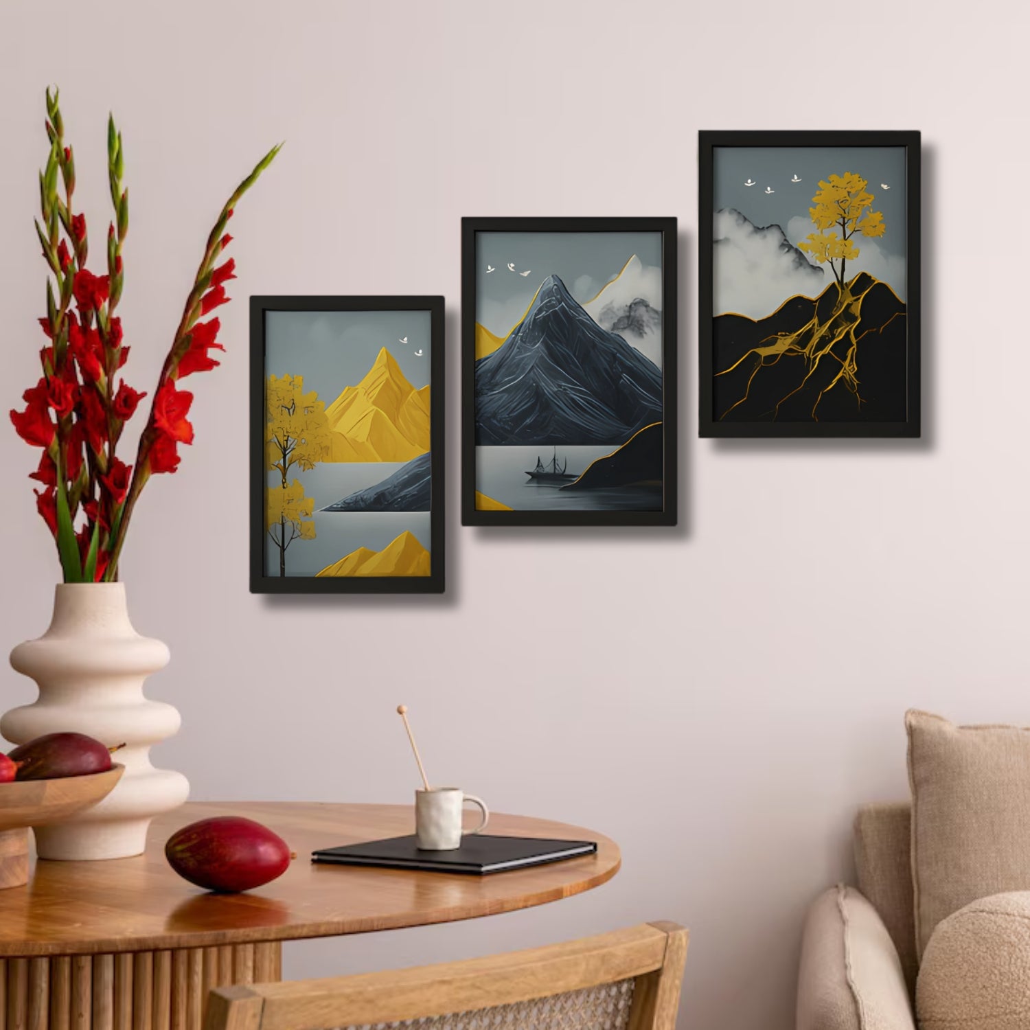 Abstract Golden Mountain Landscape Wall Art Set - 3 Framed Nature-Inspired Prints