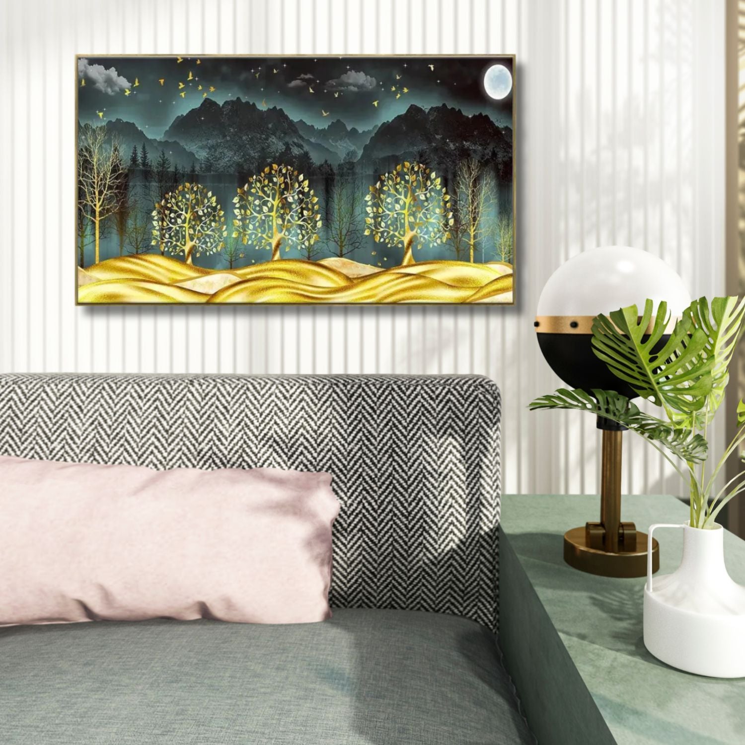 Golden Trees Under Moonlit Mountains Scenic Canvas Wall Art