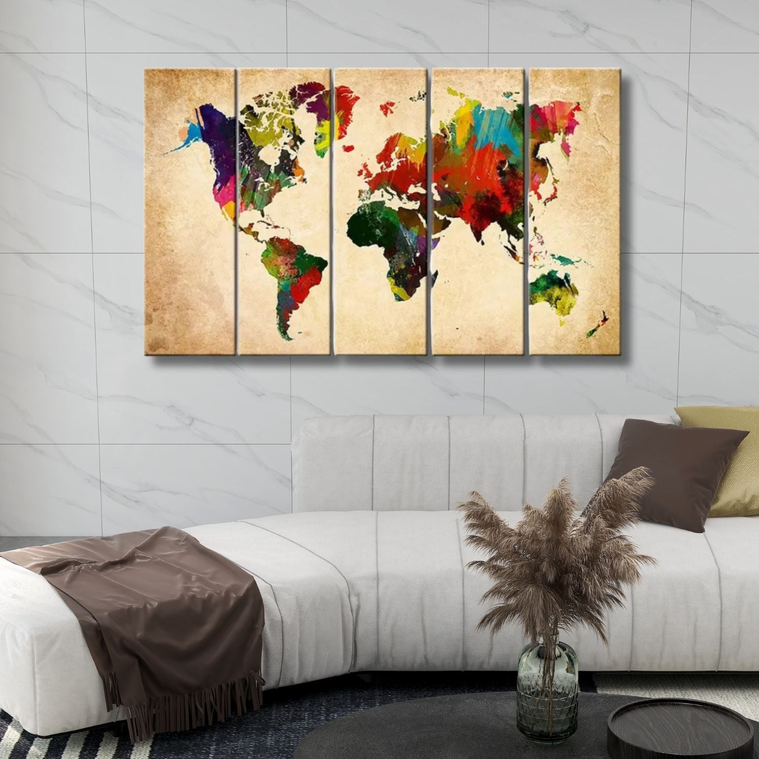 Elegant Colorful World Map Canvas Wall Art With Wooden Panels