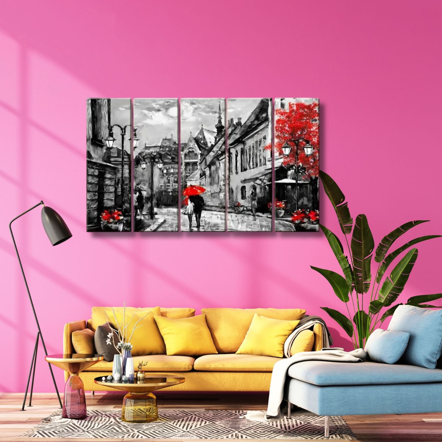 Romantic Couple Red Umbrella Cityscape Canvas Wall Art