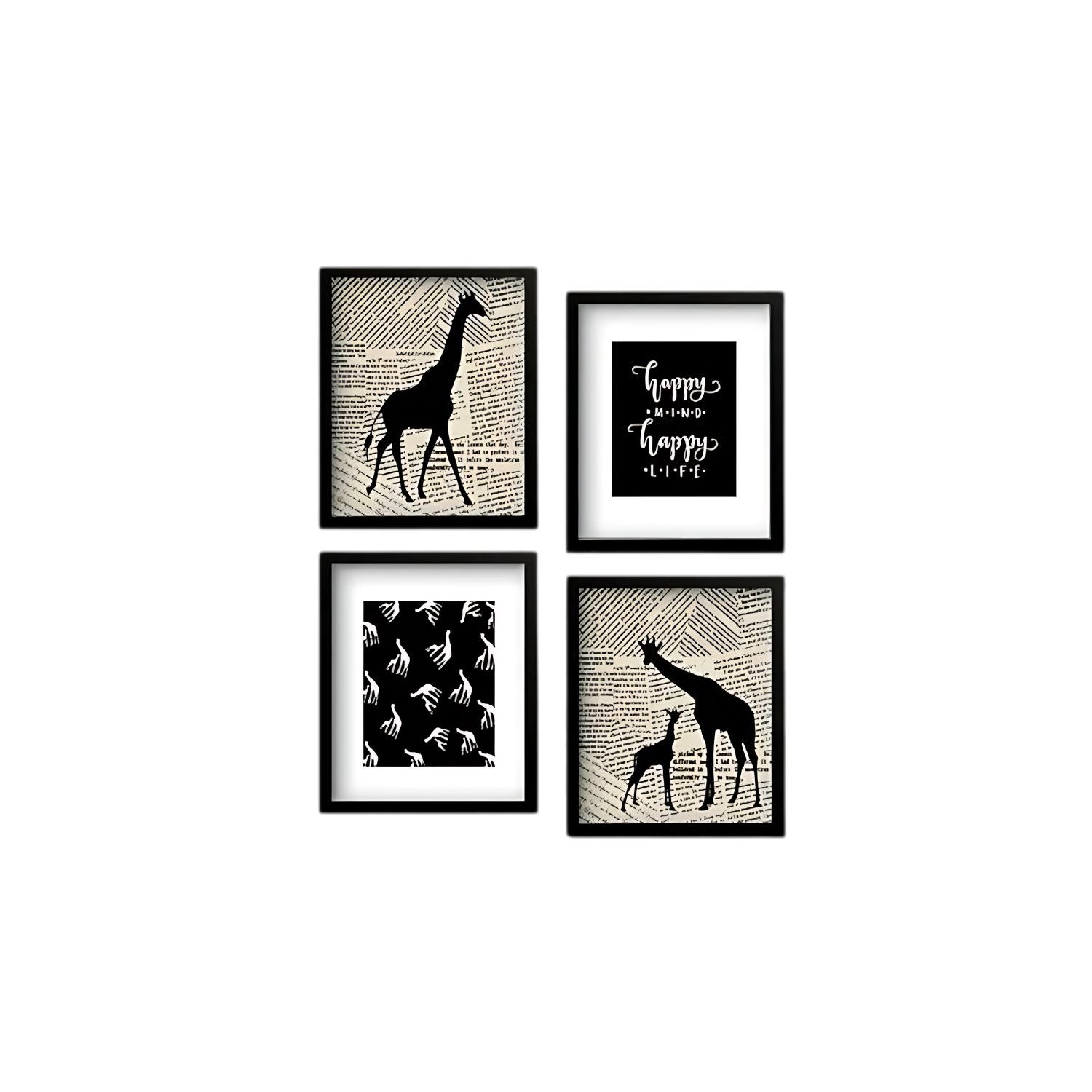 Inspirational Giraffe Silhouette Wall Art Set Featuring Happy Mind & Happy Life