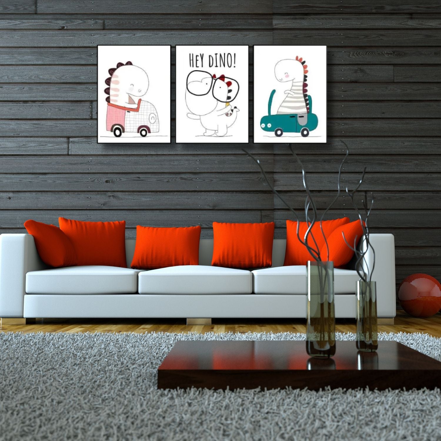 Cute Baby Dinosaur Nursery Wall Art - Set of 3 Framed Prints For Kids Room