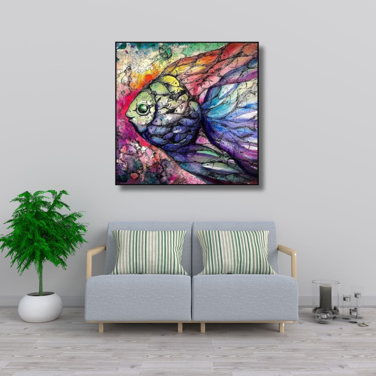 Vivid Aquatic Dreams - Abstract Colorful Fish Canvas Wall Art With Frame
