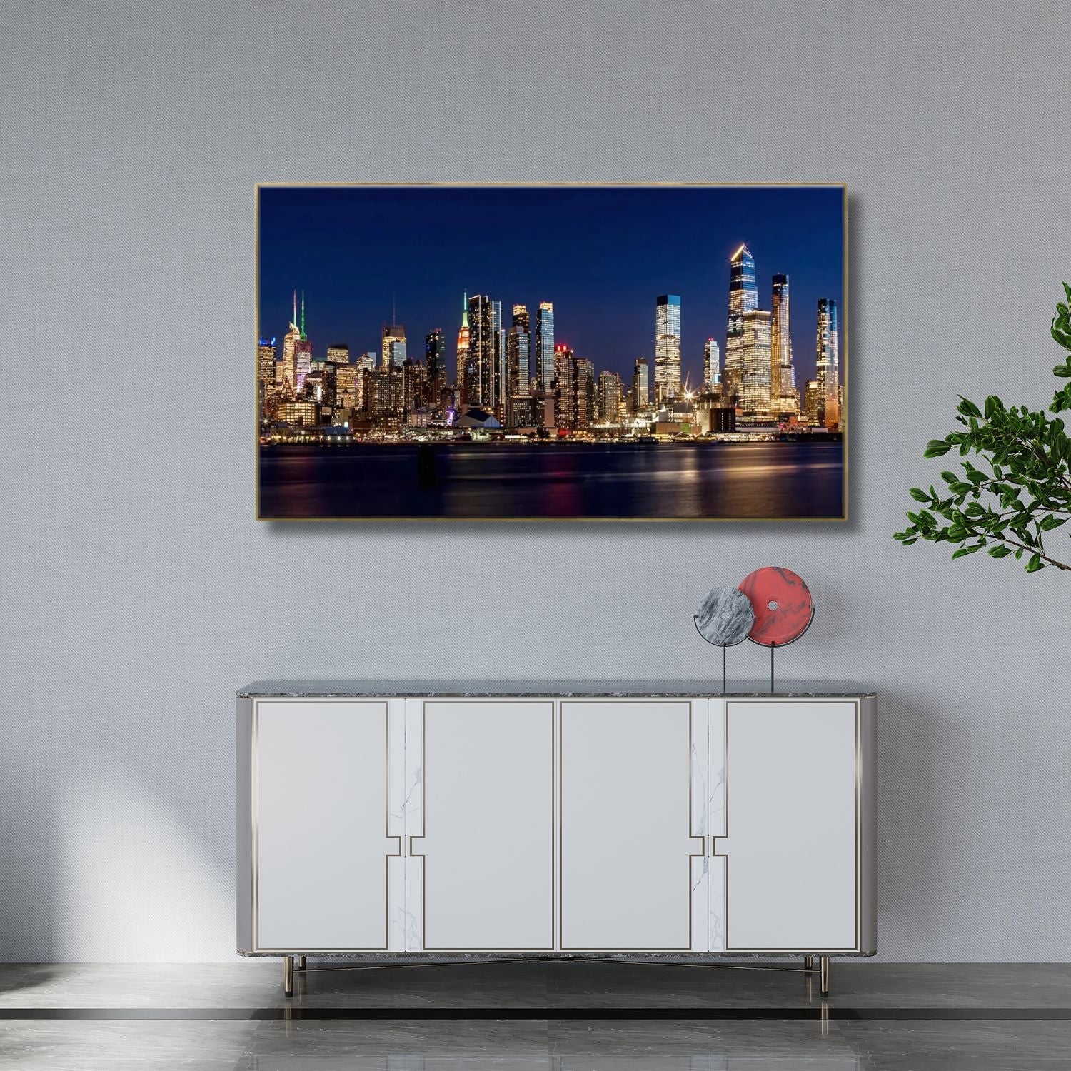Stunning Night City Skyline Framed Canvas Wall Art - Modern Urban Decor