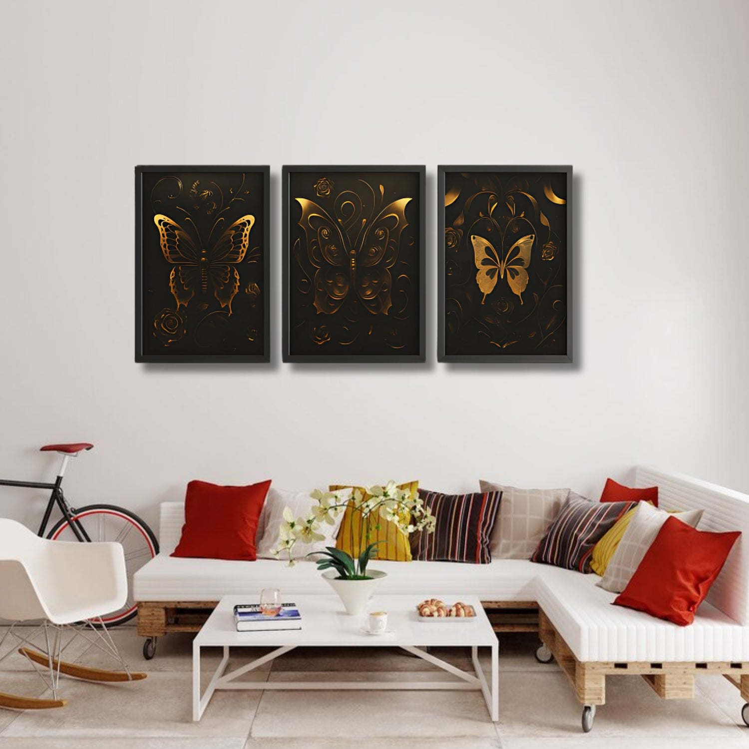 Luxury Black and Gold Butterfly Canvas Wall Art Trio Set
