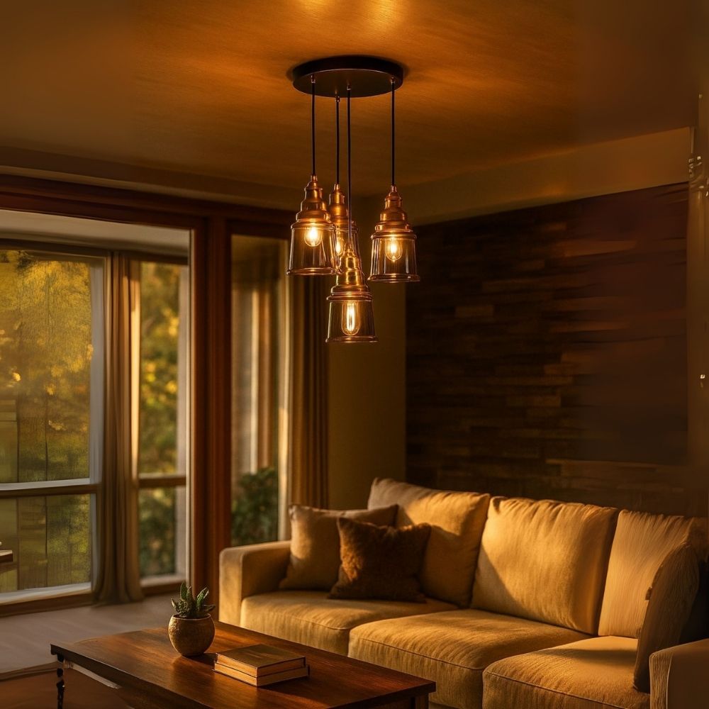 Luxury 4-Light Ceiling Pendant - Antique Gold With Smoke Grey/Amber Glass Chandelier