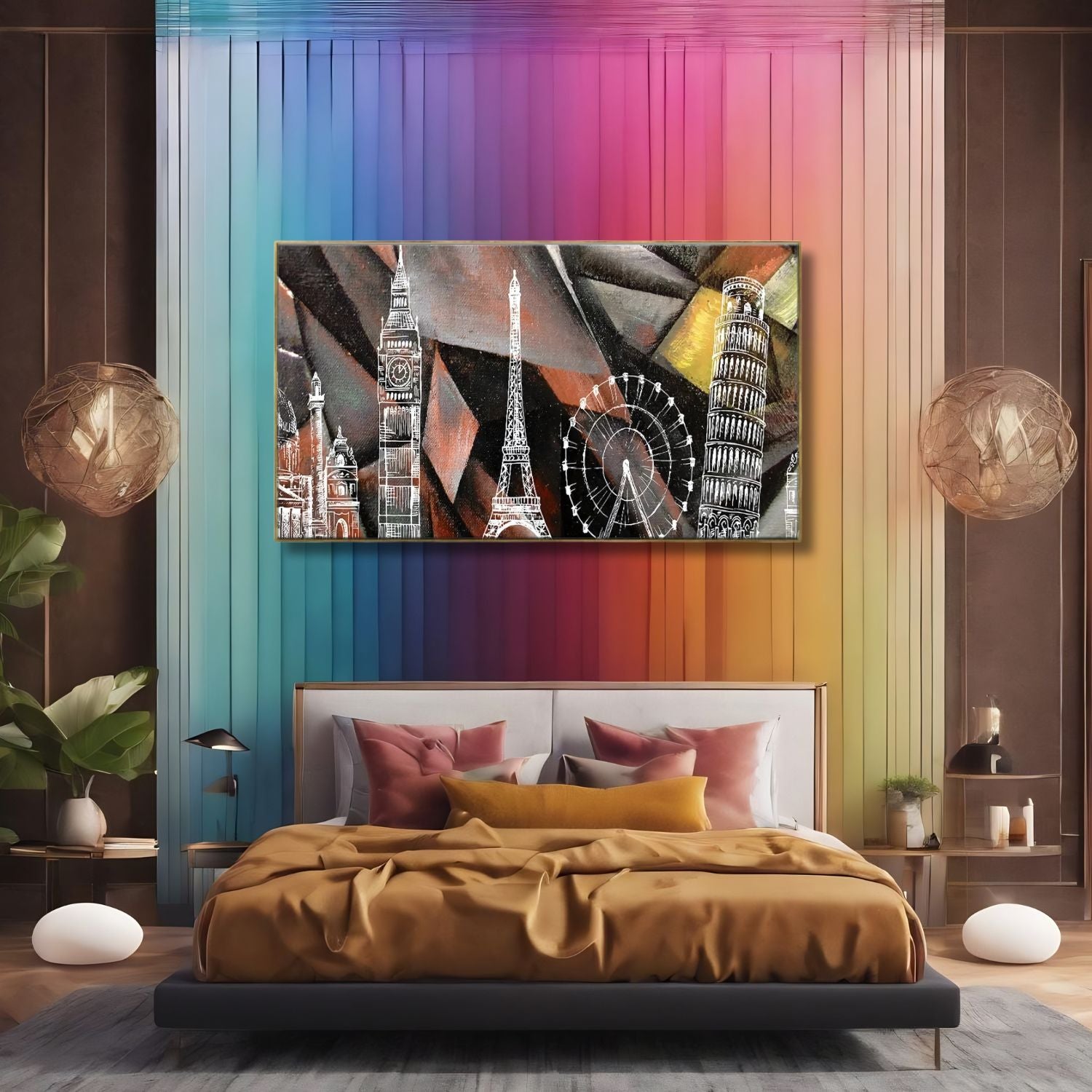 Stylish Wall Art Showcasing World Famous Monuments Scenery Painting