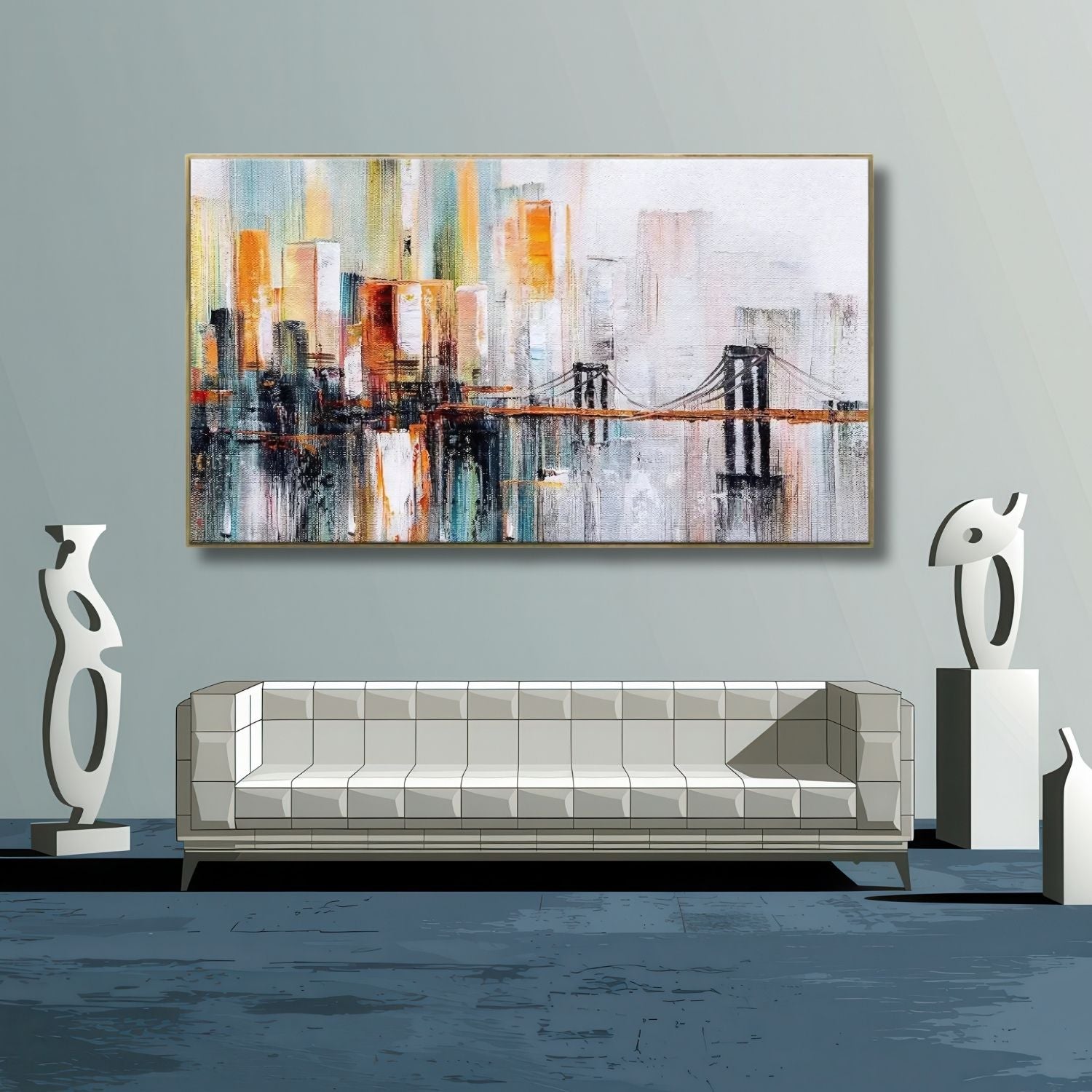 Elegant Abstract Golden Bridge Cityscape Canvas Art For Decor