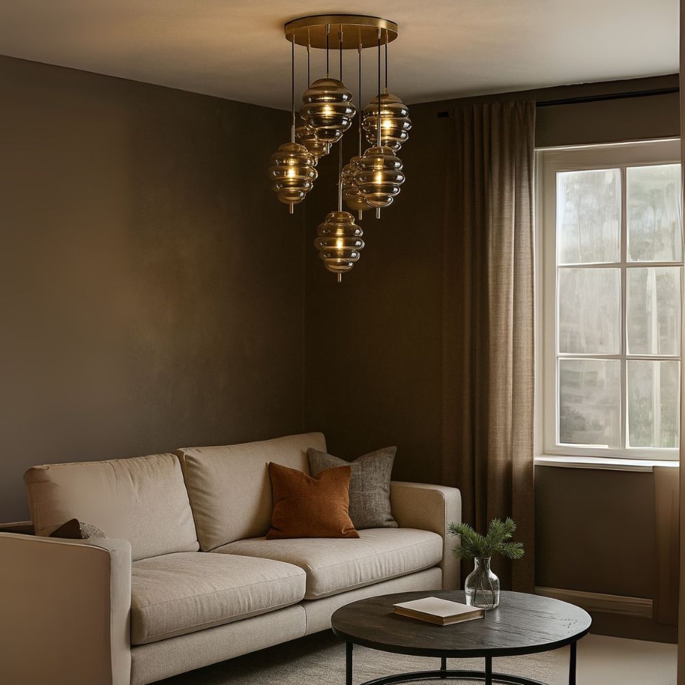 Elegant Modern Ceiling Light - Antique Gold With Amber/Smoke Grey Glass Chandelier