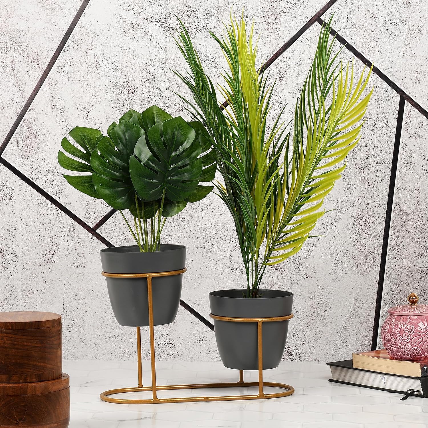 Modern Metal Plant Stand with Dual Black Pots – Elegant Decor