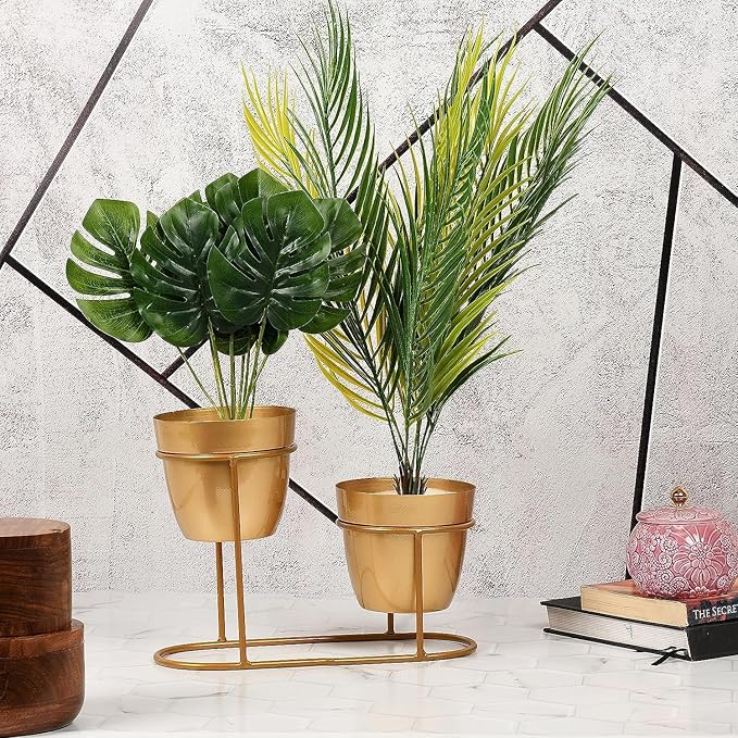 Modern Metal Plant Stand with Dual Black Pots – Elegant Decor