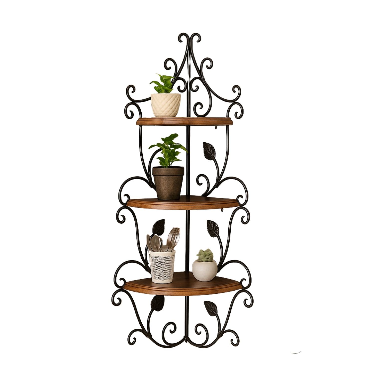 Wall Hanging Wooden & Metal Corner Shelf - 3-Tier Decorative Storage
