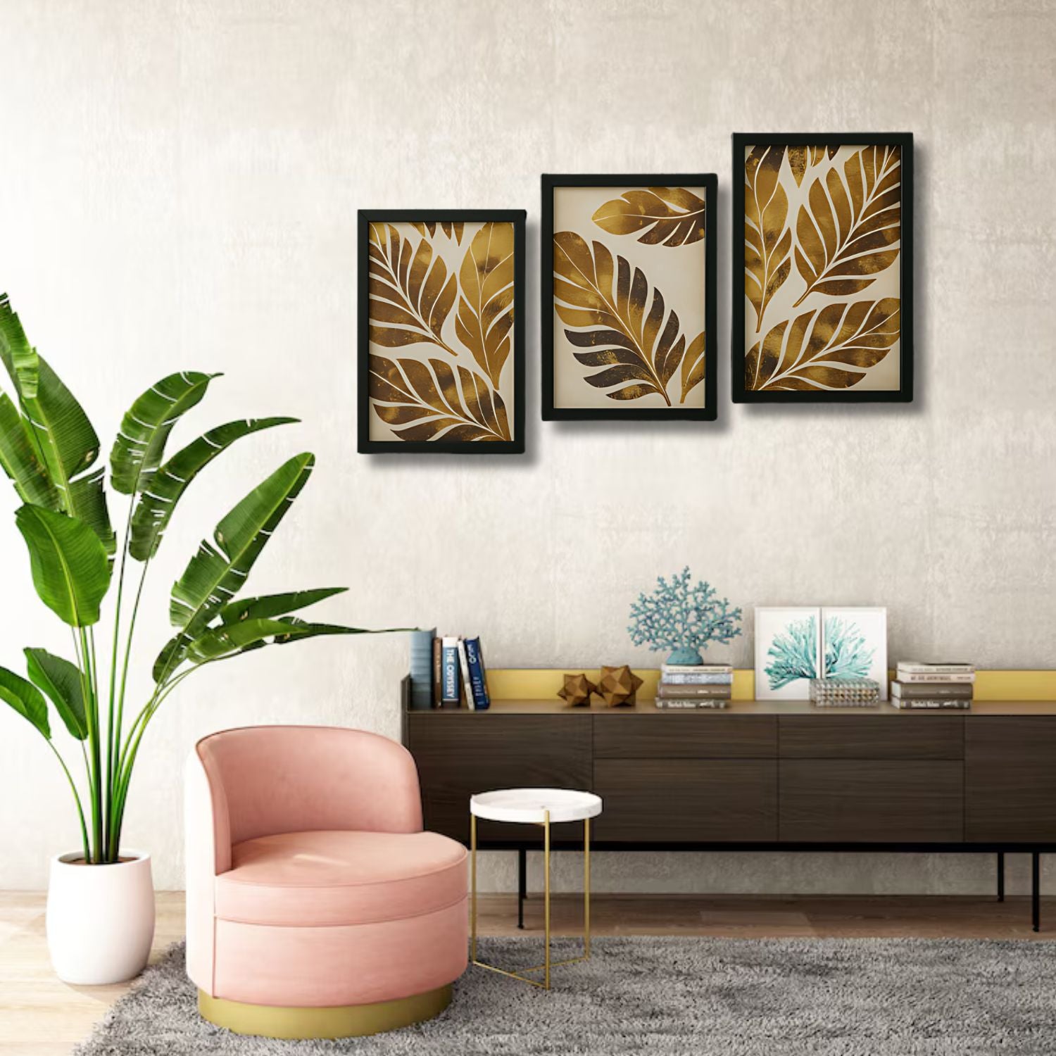 Abstract Golden Leaf Wall Art Set - 3 Framed Botanical Prints for Decor