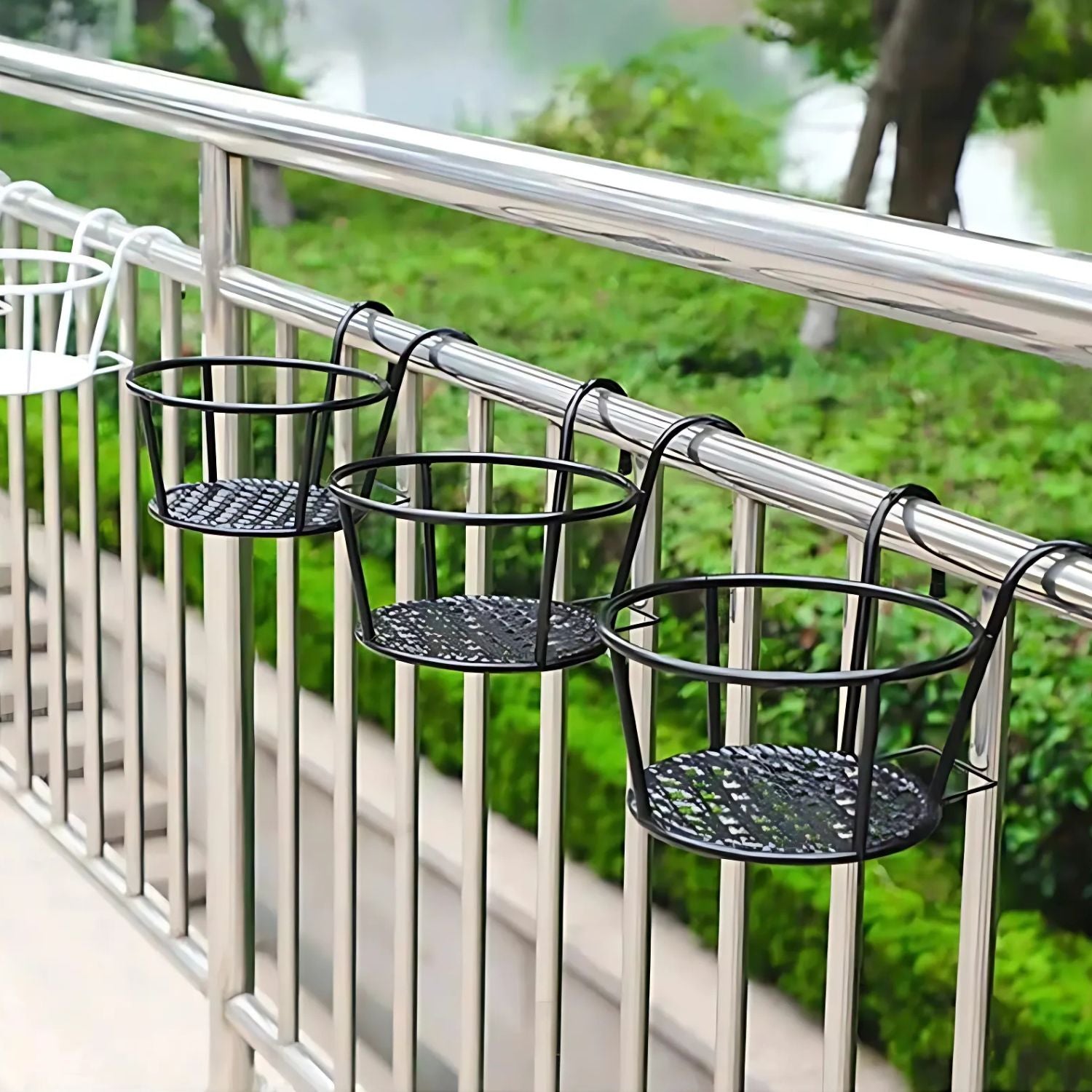 Handcrafted Metal Balcony Railing Plant Stand - Round Pot Holder for Outdoor Decor (Set of 3)