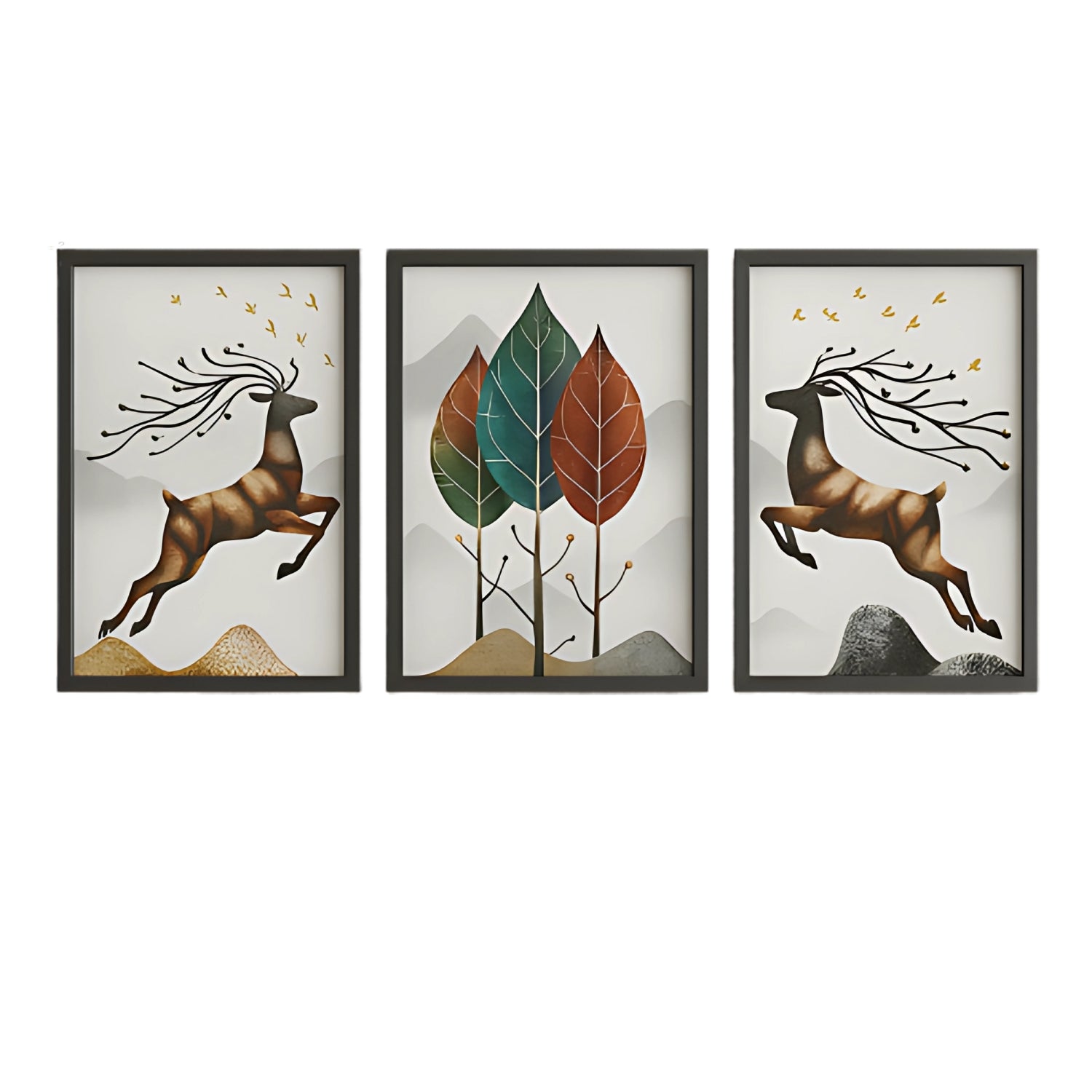 Elegant Nordic Style Deer and Leaf Canvas Wall Art Set